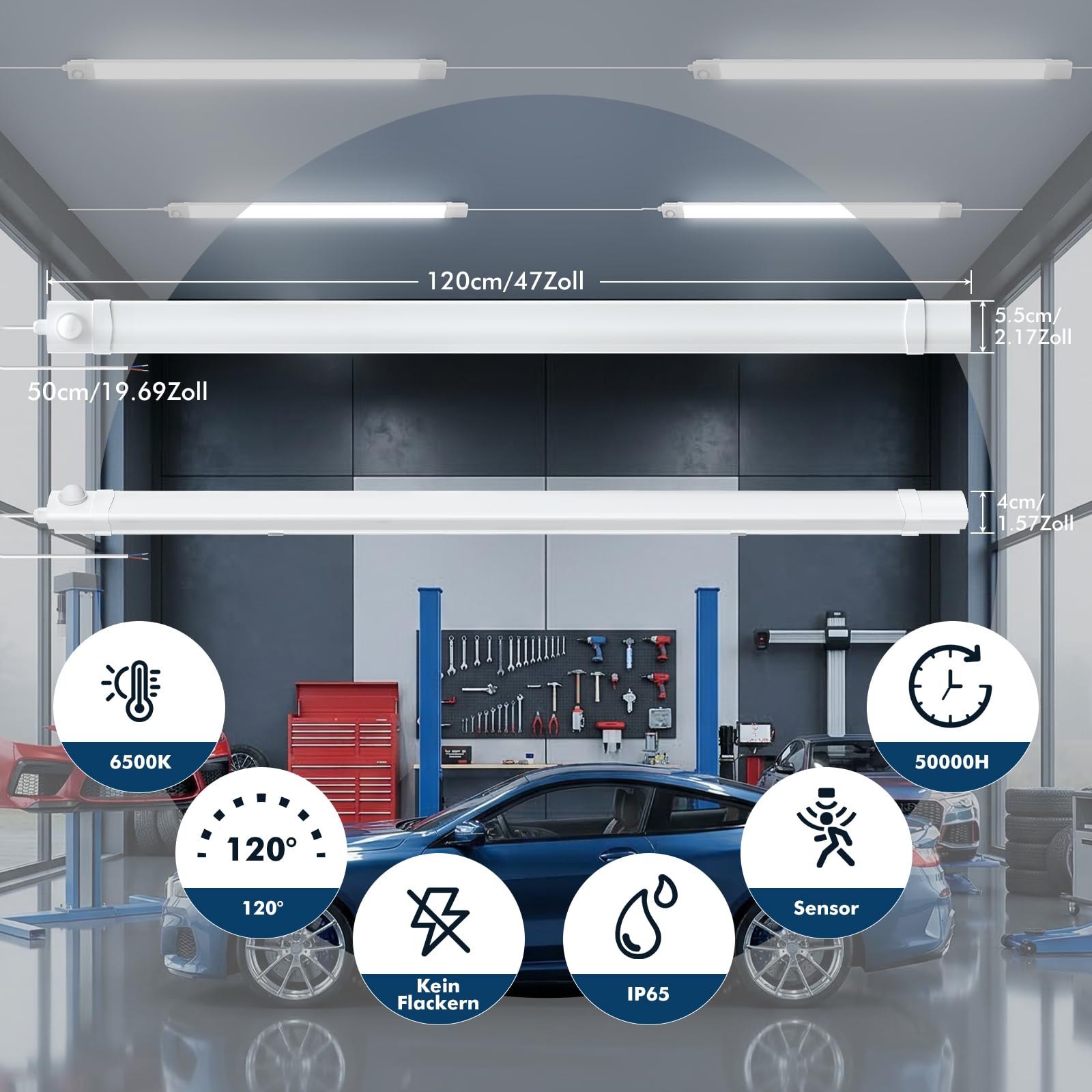 LED Feuchtraumleuchte 115cm mit Bewegungsmelder,6500K Kaltweiß LED Sensor Röhre,40W 4000LM Röhrelampe,IP65 Wasserdicht Leuchtstoffröhre,Feuchtraumlampe für Garage Keller Treppe Flur