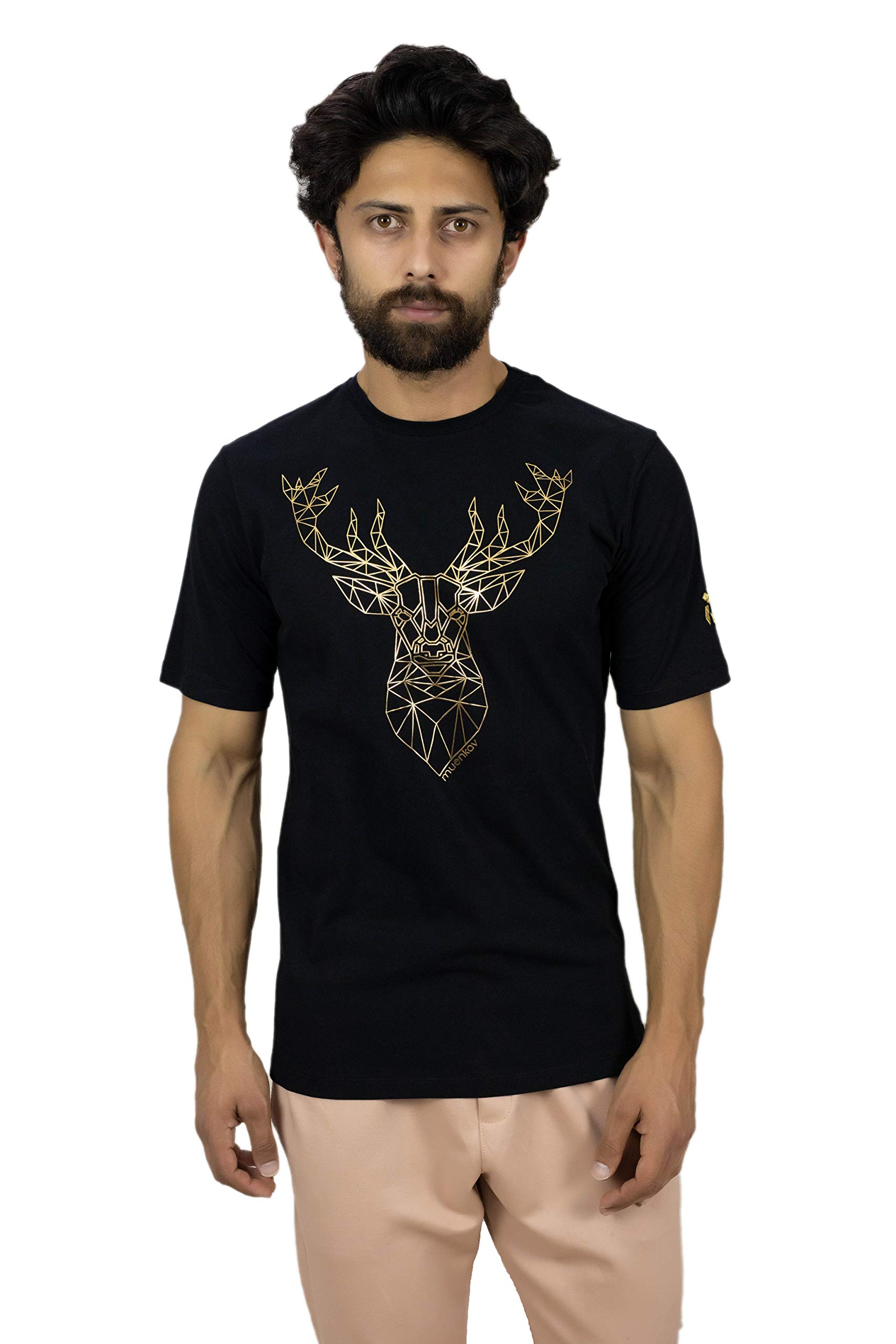 muenkavMen's T-Shirts -Black Tee Graphic T Shirts with Embossed Print Slim Fit