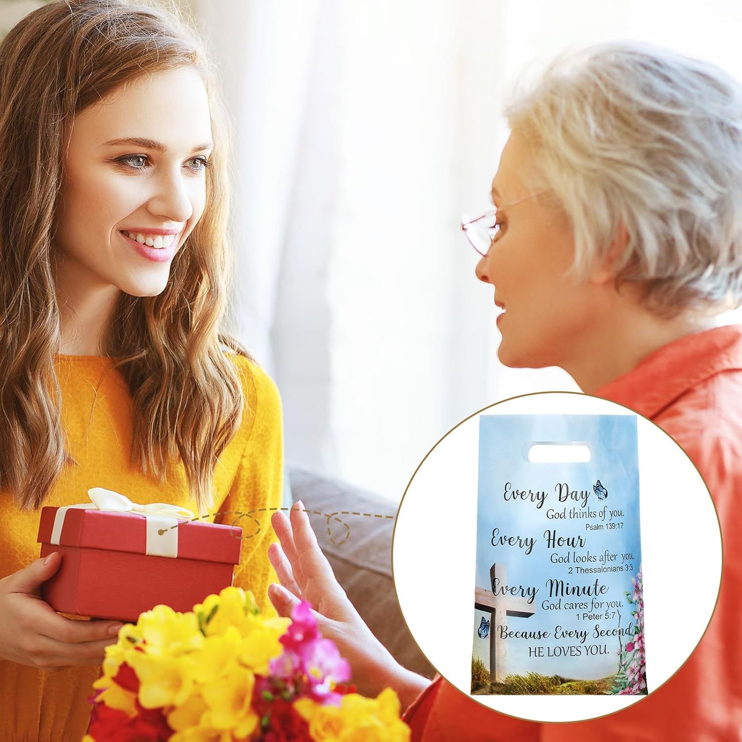 Yinder 50 Pcs Church Gift Bulk Plastic Religious Christian Welcome Treat Bags Goody Bags with Handles Bible Verse Gifts for Women Church Party Supplies Party Favor Decoration - Image 5