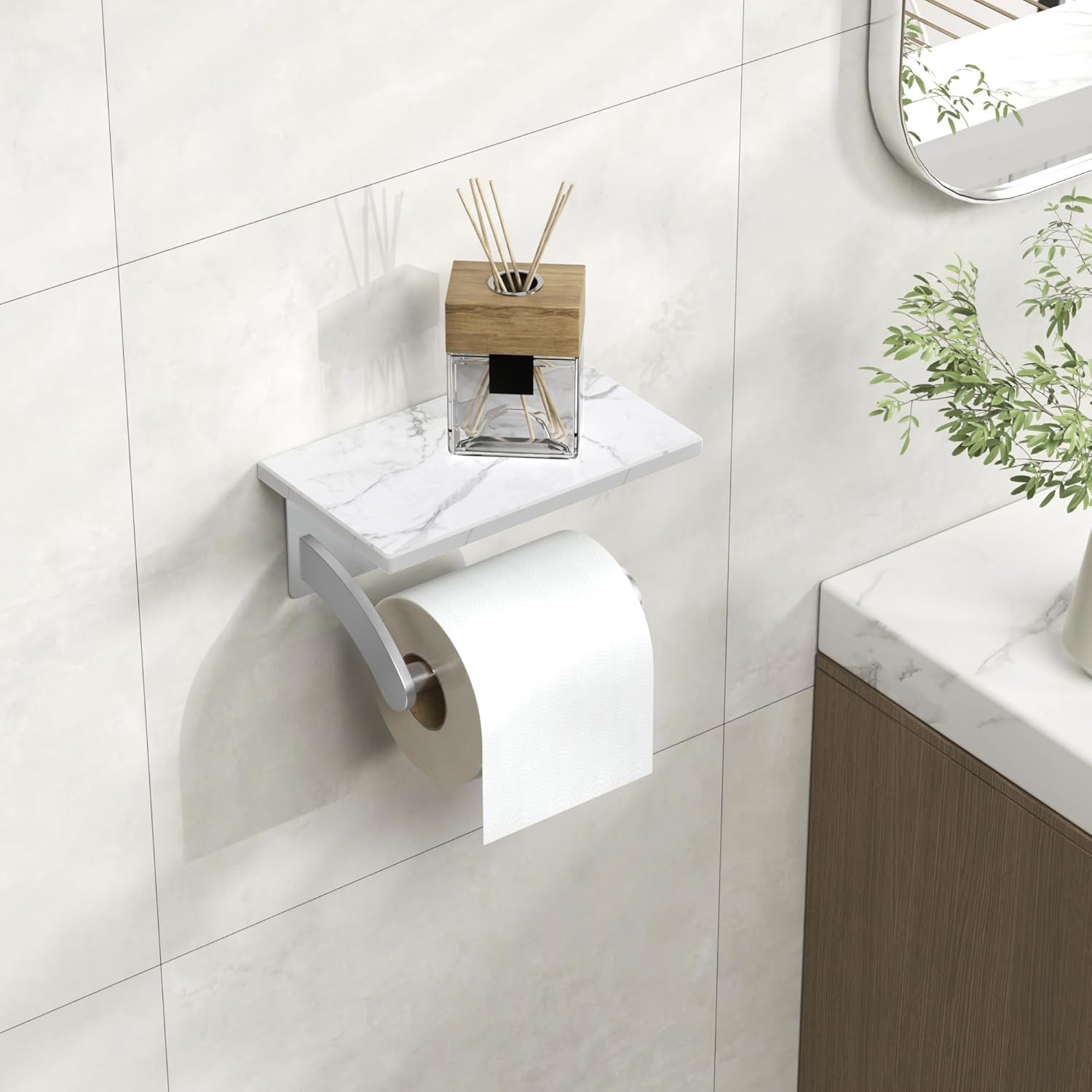 FORIOUS Toilet Paper Holder with Phone Shelf, Natural Marble Wall Mount Tissue Roll Holder for Bathroom, Washroom, 304 Stainless Steel Commercial Toilet Tissue Dispensers with Shelf, Brushed Nickel