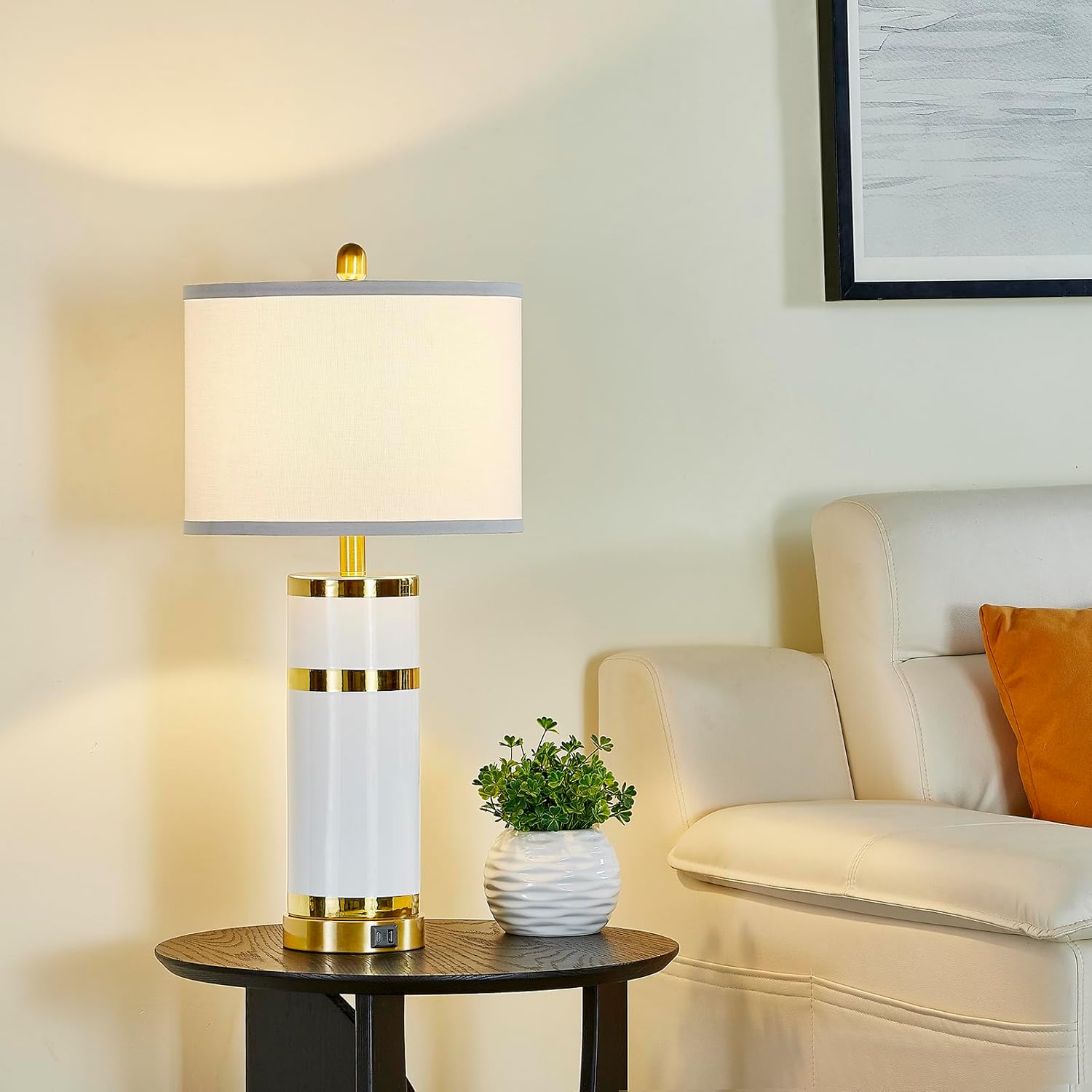 Ceramic White Gold-Plated Decorative 28" Table Lamps Set of 2 with E26 Socket&Rotary Switch,USB A+C Ports,Modern Bedside Lamps for Nightstand,Bedroom,Living Room,Decoration,Office(Bulbs in)