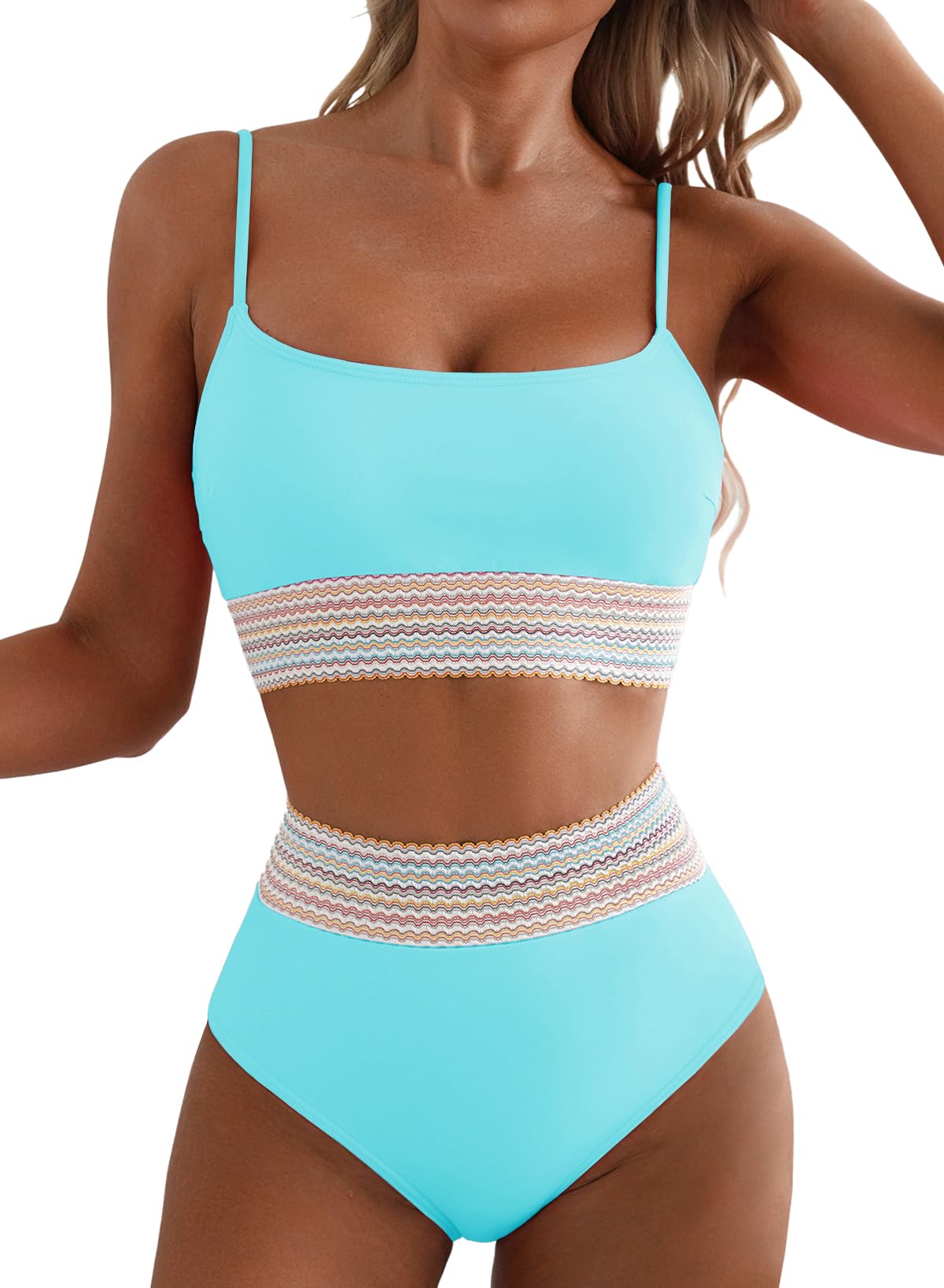 Herseas Women's Bikini Sets Colorblock Trim 2 Piece High Waisted Swimsuit Scoop Neck Adjustable Spaghetti Straps Bathing Suit