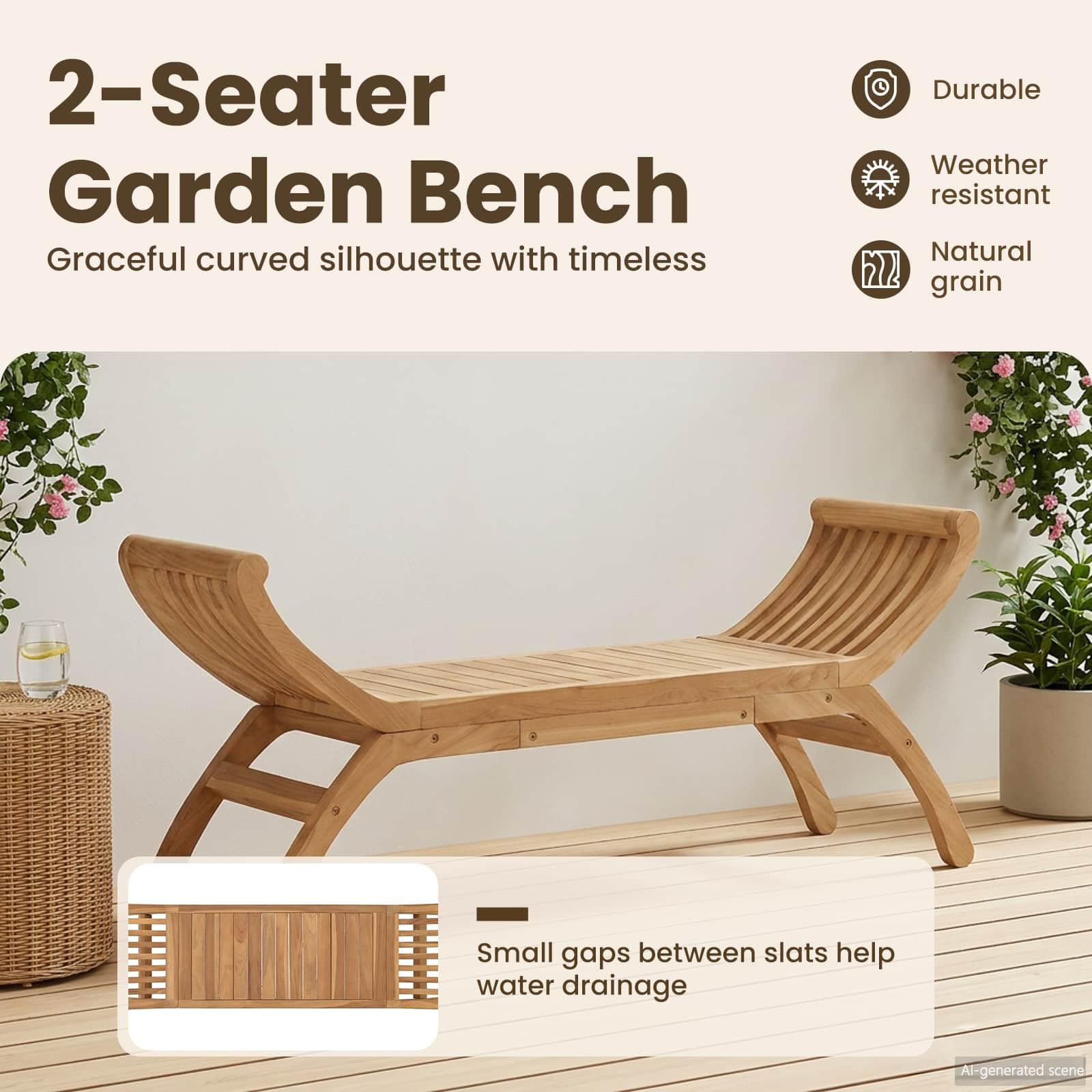 vidaXL Tuinbank 2 -Seater 126 cm Massief Teakhout Naturel