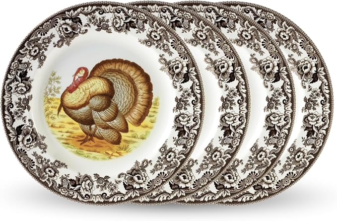 Spode Woodland Turkey Set of 4 Dinner Plates, 10.5" - Thanksgiving Tableware, Collectible Holiday Dish with British Flowers Border, Fine Earthenware - Dishwasher, Microwave, Oven Safe