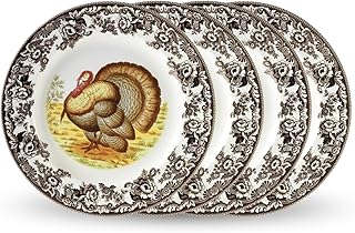 Spode Woodland Turkey Set of 4 Dinner Plates, 10.5" - Thanksgiving Tableware, Collectible Holiday Dish with British Flowers Border, Fine Earthenware - Dishwasher, Microwave, Oven Safe