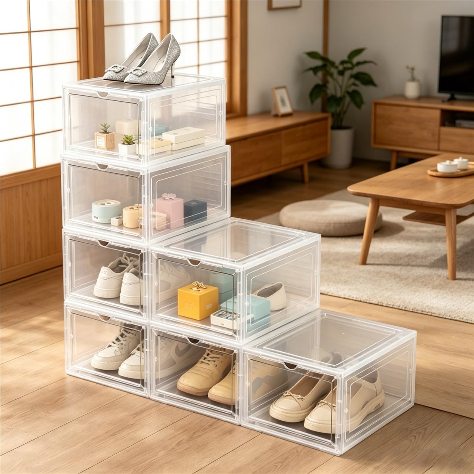 TYNGBT Extra-Large Transparent Shoe Boxes, Stackable Front-Opening Shoe Storage, Clear Plastic Shoe Organizer for Sneakers and Footwear Display