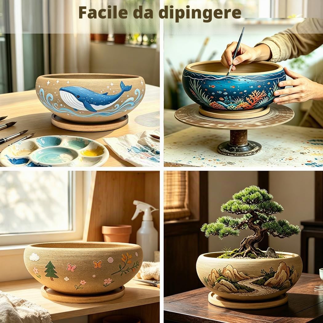 MUZHI Vaso rotondo per bonsai in ceramica non smaltata, con vassoio in bambù, grande vaso per piante grasse in ceramica grezza con foro di drenaggio, 20,3 cm