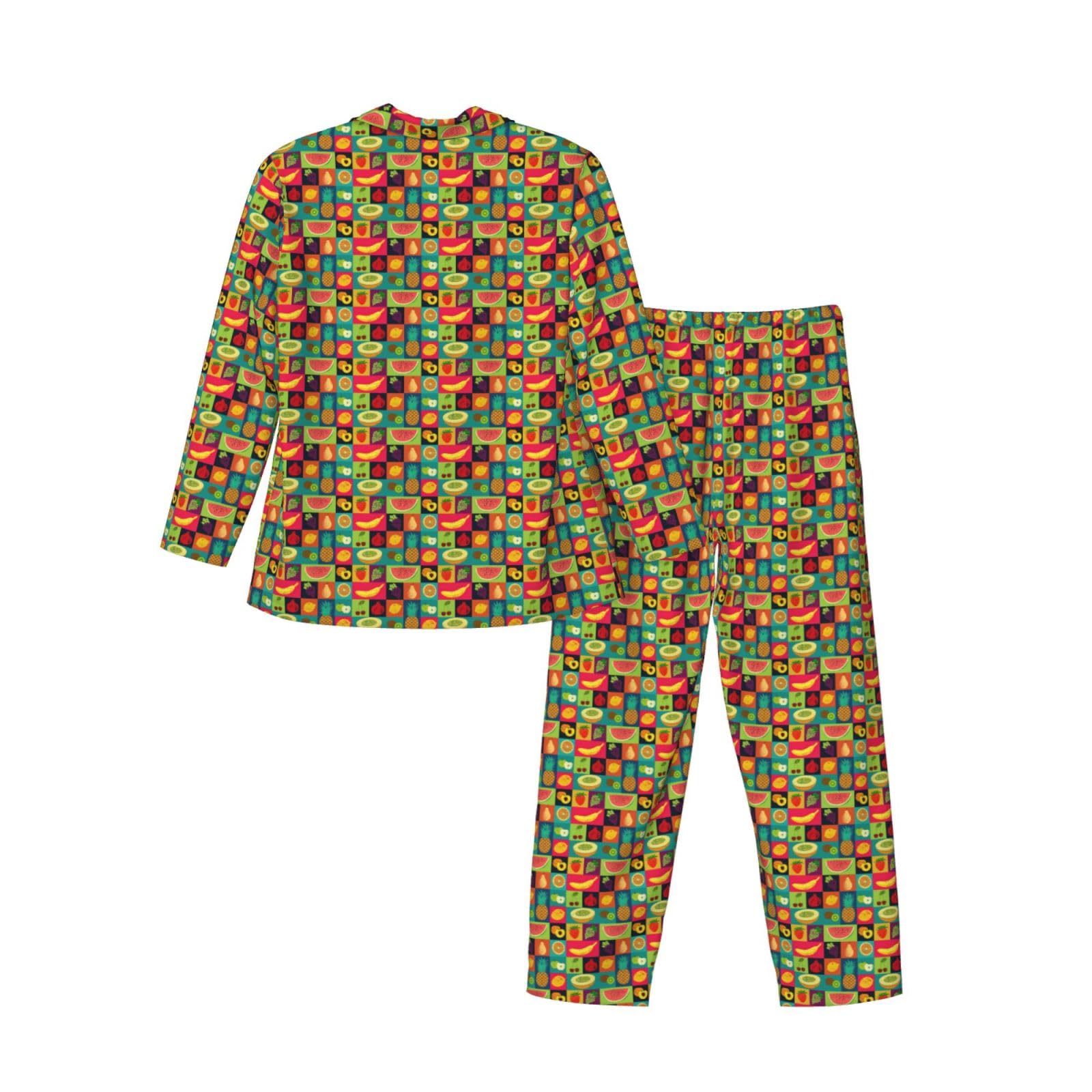 Art Style Fruit Print Uomo Manica Lunga Pigiama Set Due Pezzi Lounge Traspirante Confortevole Nightwear