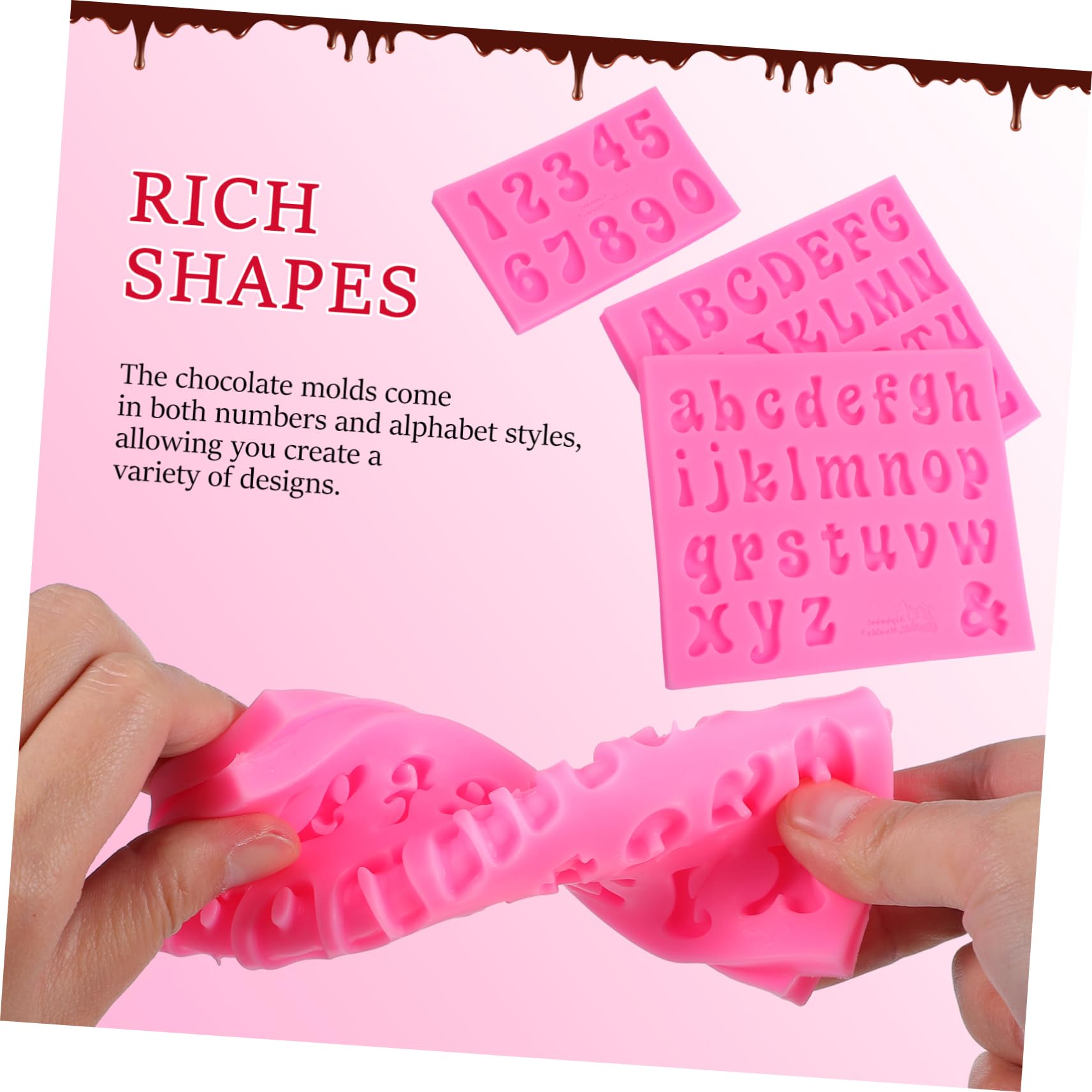 IMIKEYA Set di 4 stampi per lettere di cioccolato alfabeto, stampi per lettere di cioccolato biscotto, stampi per cioccolato, stampo in silicone per cioccolato, gel di silice rosa, 3 pezzi x 4