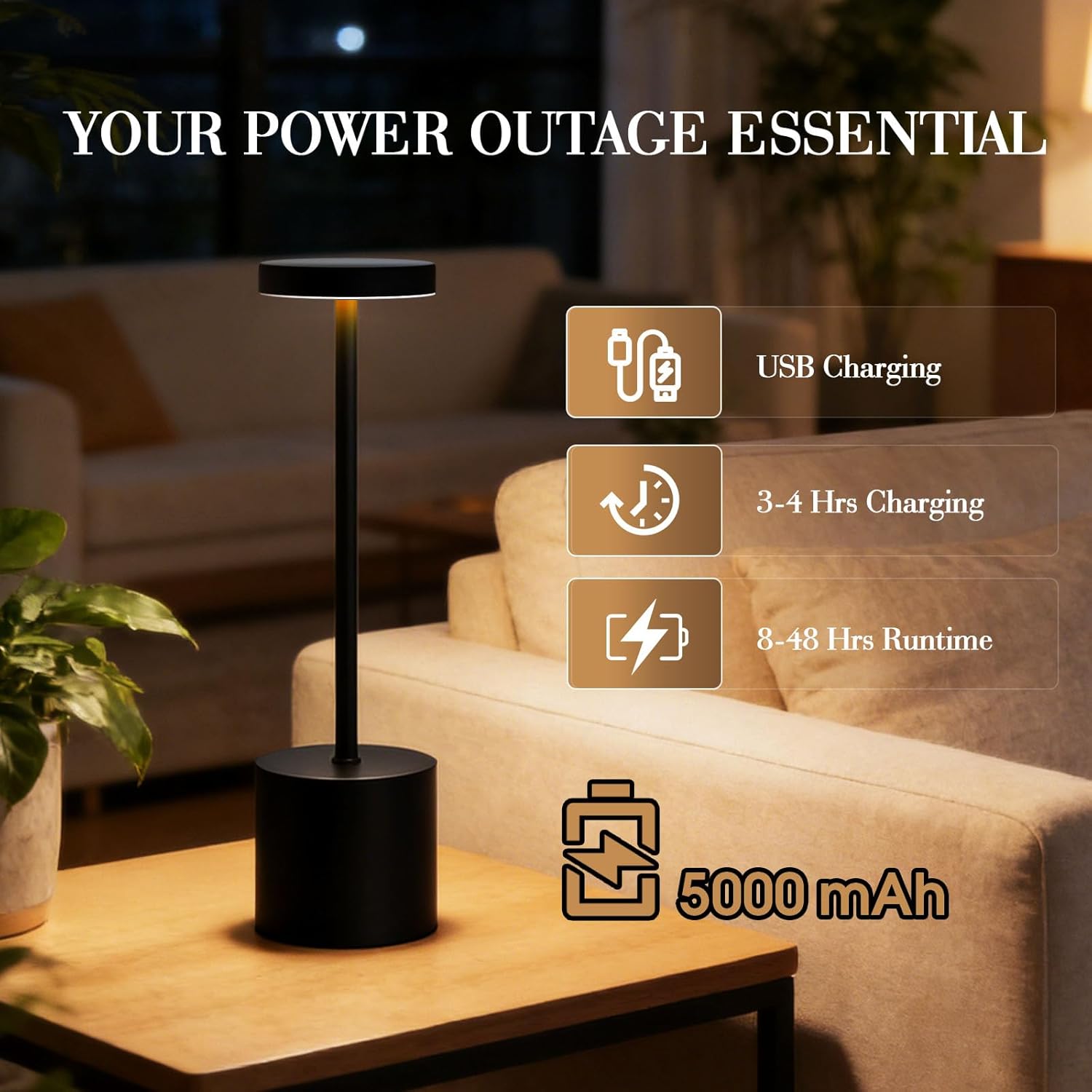 Cordless Table Lamp – 2 Pack Rechargeable Table Lamps, 5000mAh Battery Operated Lamp with 3-Color Dimmable Light, Outdoor Table Lamp for Bedroom, Restaurant, Patio, Home Décor (Black)