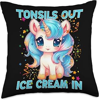 Kids Tonsil Removal Tonsillectomy Recovery Wear Surgery Recovery Design Kids Unicorn Tonsil Removal Throw Pillow, 18x18, Multicolor