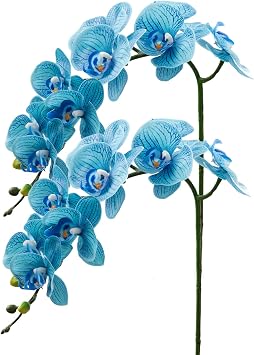 CXGS Artificial Orchid Flower 9 Large Petals Realistic Latex Faux Orchids 2PCS 37in Orchid Stems Blue Patter Fake Phalaenopsis Flower for Wedding Home Arrangement Decor