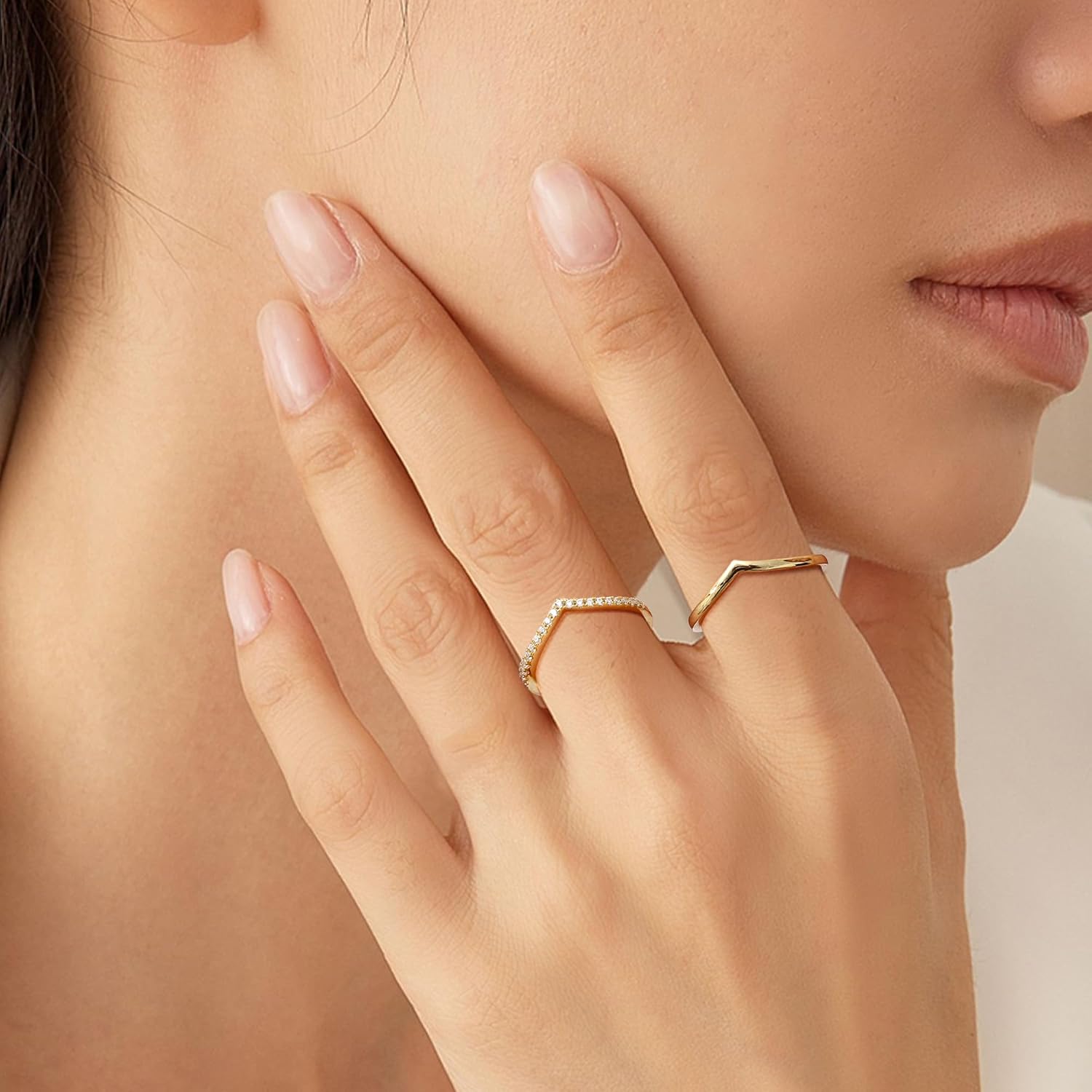 Dochais 2PCS Silver Rings for Women 925 Sterling Silver 14k Gold Plated Wishbone Ring Non Tarnish Wedding Bands Stackable Dainty V Shaped Rings CZ Wedding Rings Promise Ring Engagement 5-10 - Image 2