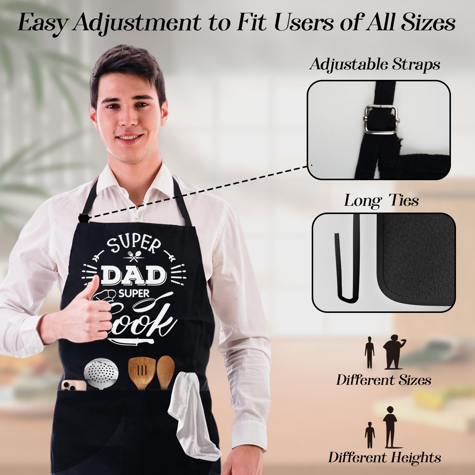 conda Grembiule da uomo, grembiule da chef con cinturino regolabile e 2 grandi tasche, grembiule da cucina nero, regalo divertente per papà, nero, 27.5 x 35 inch