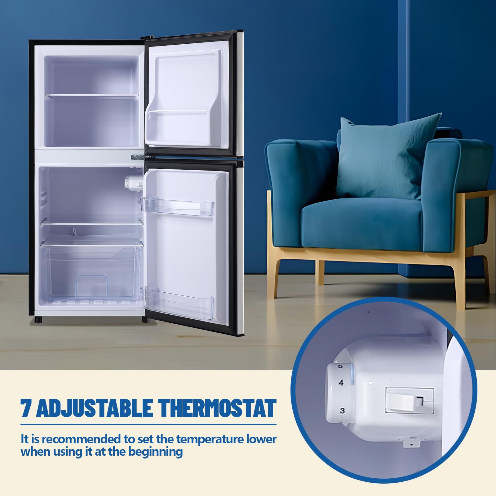 Demuller 3.88 Cu.Ft Capacity Refrigerator With Freezer Double Door Mini Fridge Small Refrigerator With 7 Adjustable Temp Control & 3 Glass Shelves For Kitchen Office Dorm Silver on Fridge.com - View 5