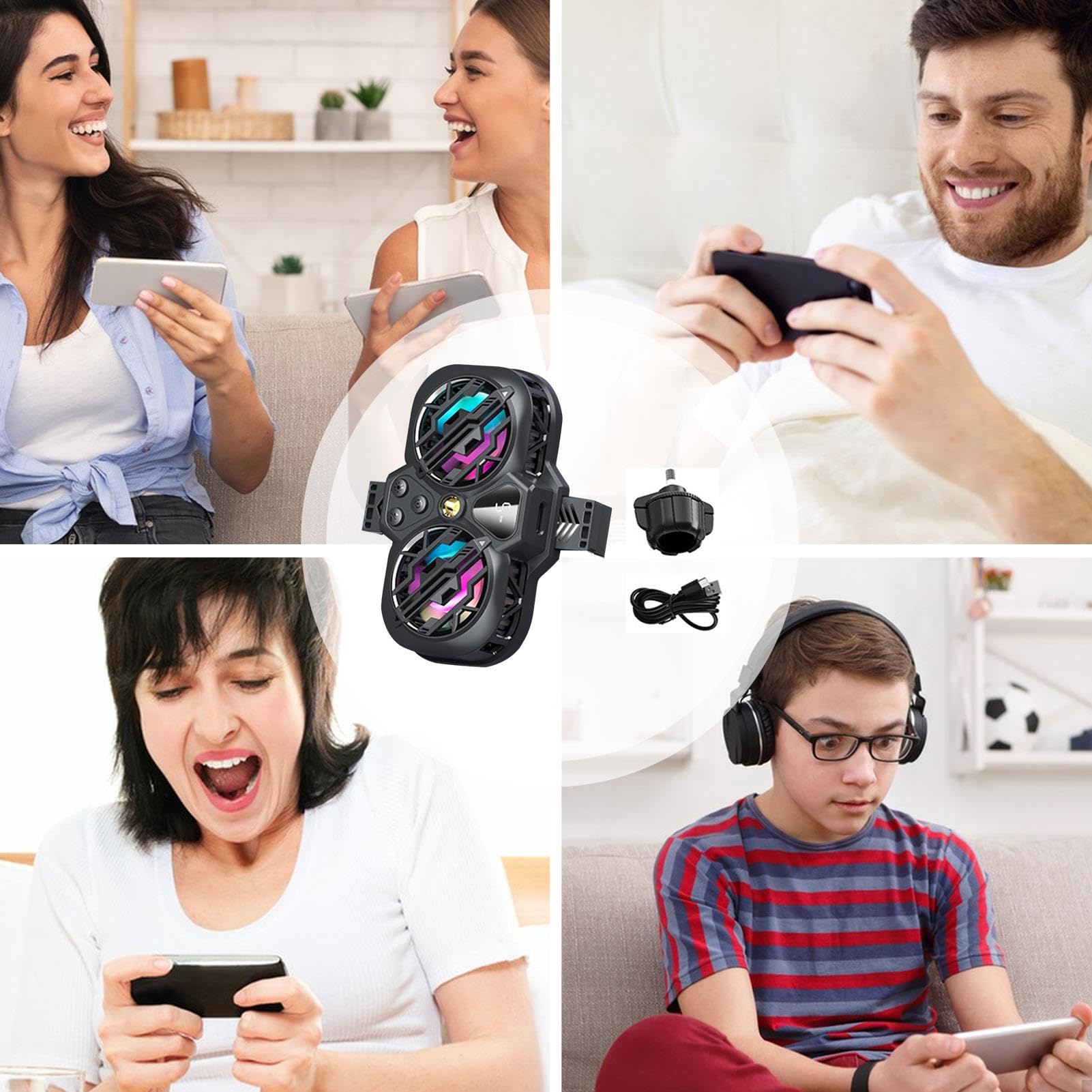 Phone Cooler, Core Mobile Blower, 2.68-3.46 inches Adjustable RGB Cooling Device, Quiet Operate, Two Fan System, Games Use, Smartphone Heat Reduction, Performance Booster