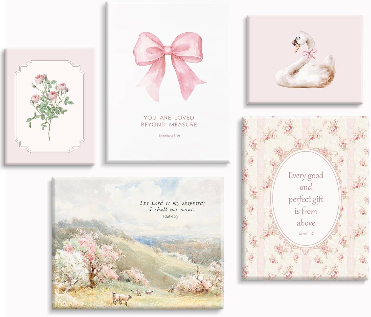 Nursery Christian Wall Art Bible Verses Canvas Wall Decor Baby Girl Room Poster Vintage Pink Nursery Prints Decor Floral Bow Swan Artwork Jesus Scripture Picture for Bedroom 8x10x5 Inch Wrapped Canvas
