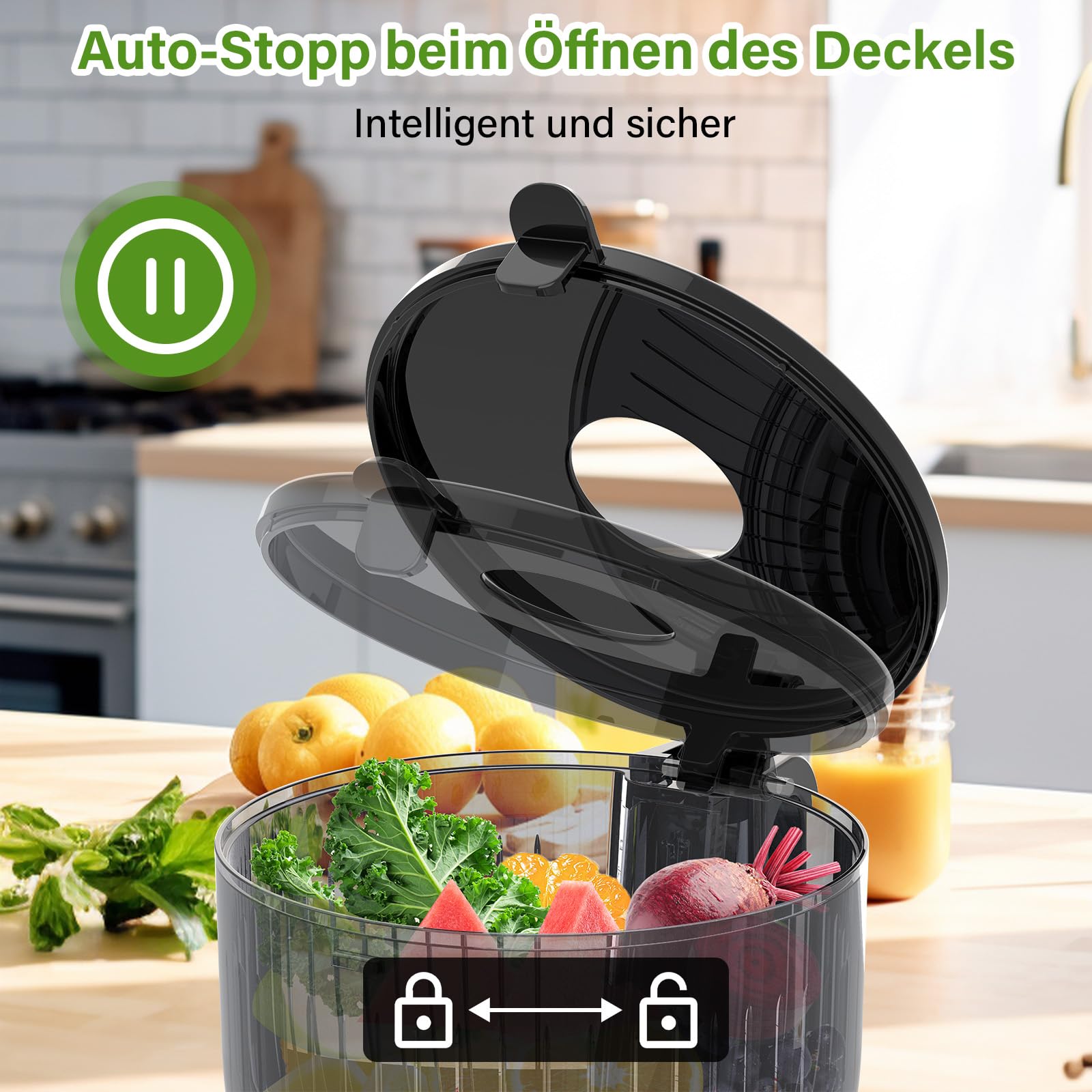 OMMO Extracteur de Jus 300W, Goulotte 148 mm, Machine à Jus électrique, 2 Tasses PC, Sans BPA, Noir