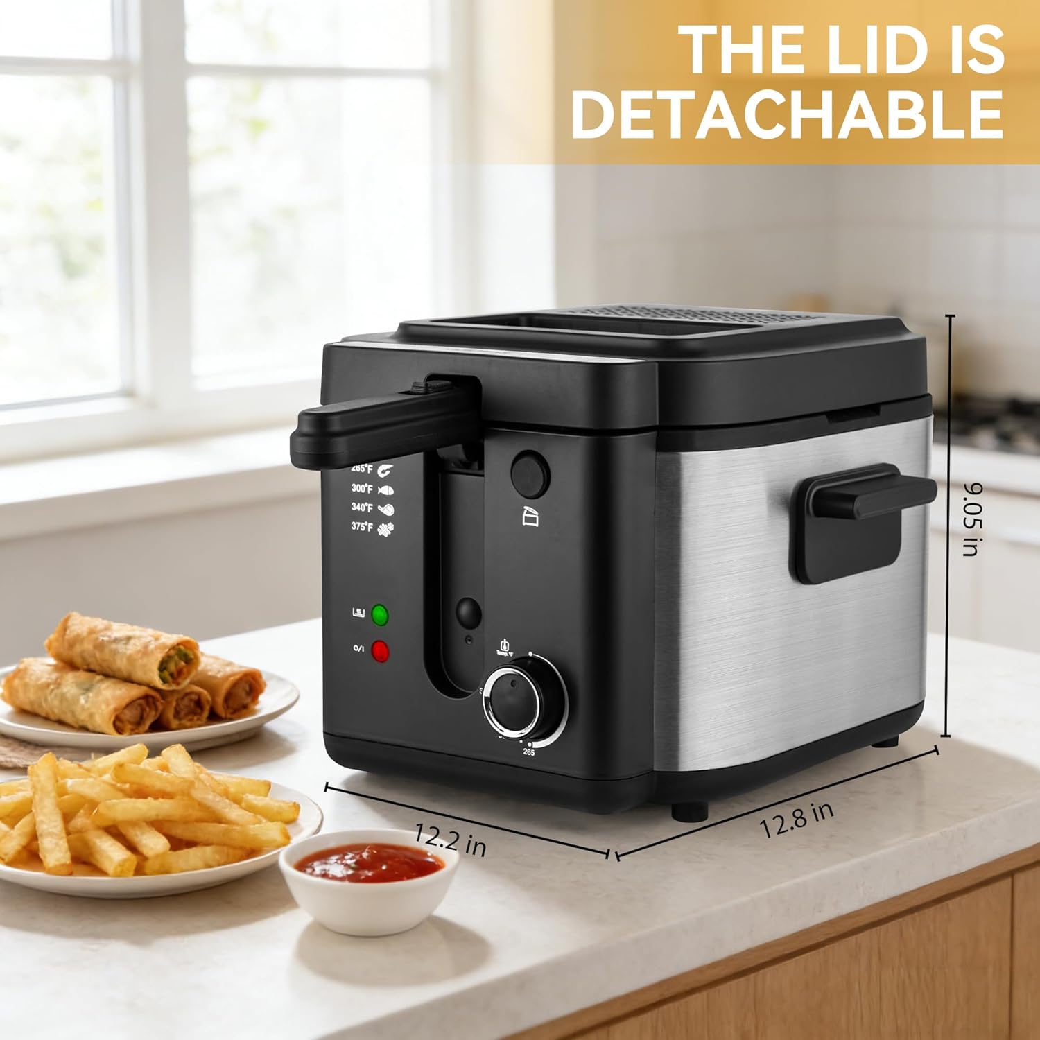 Pukomc Electric Deep Fryer with dimensions labeled.