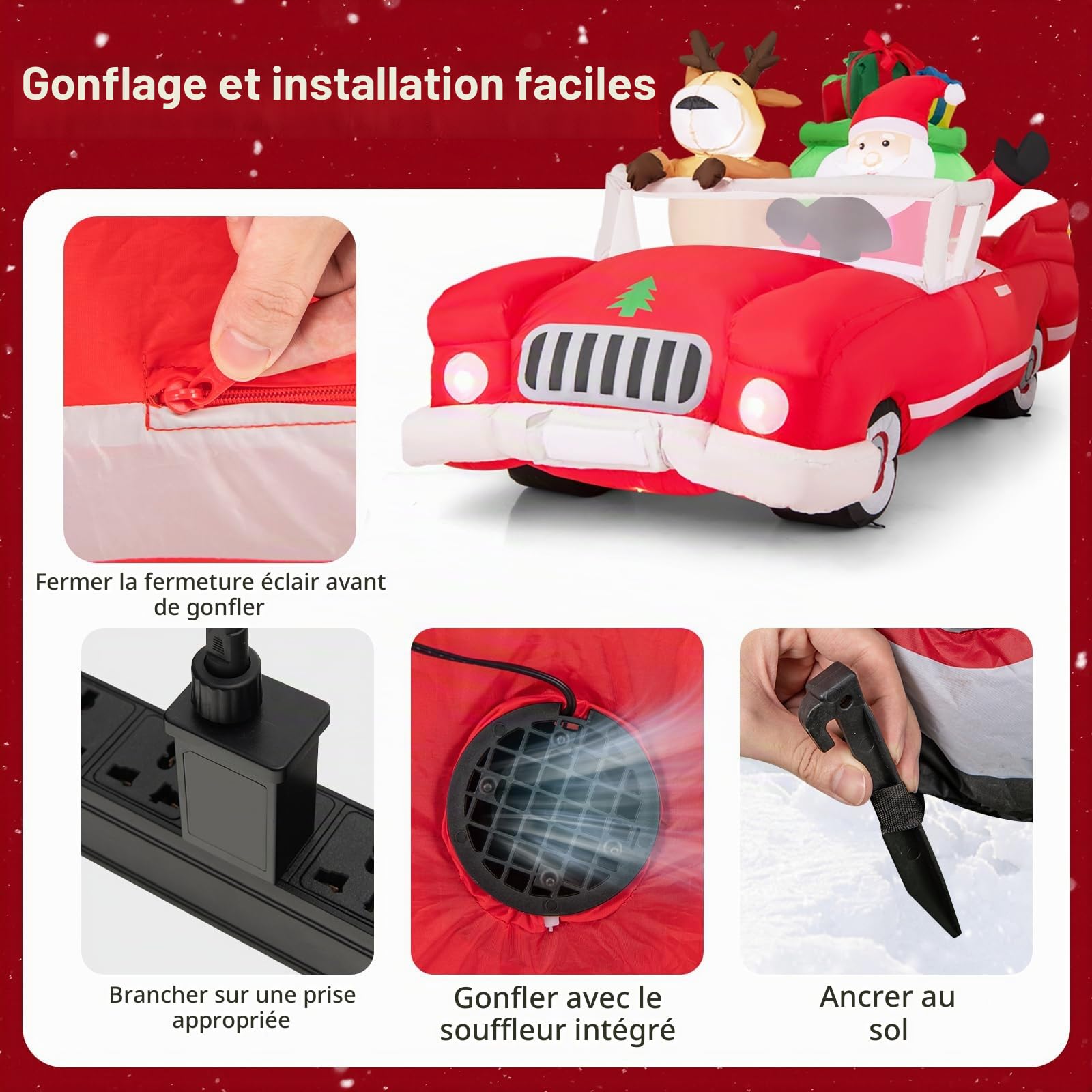 GOPLUS Décoration Noel Exterieur Interieur Gonflable 2,35 m Long, Père Noël Gonflable Lumineux et Renne Noel Conduit Voiture Rouge avec Cadeaux, Décoration Noël Inflable