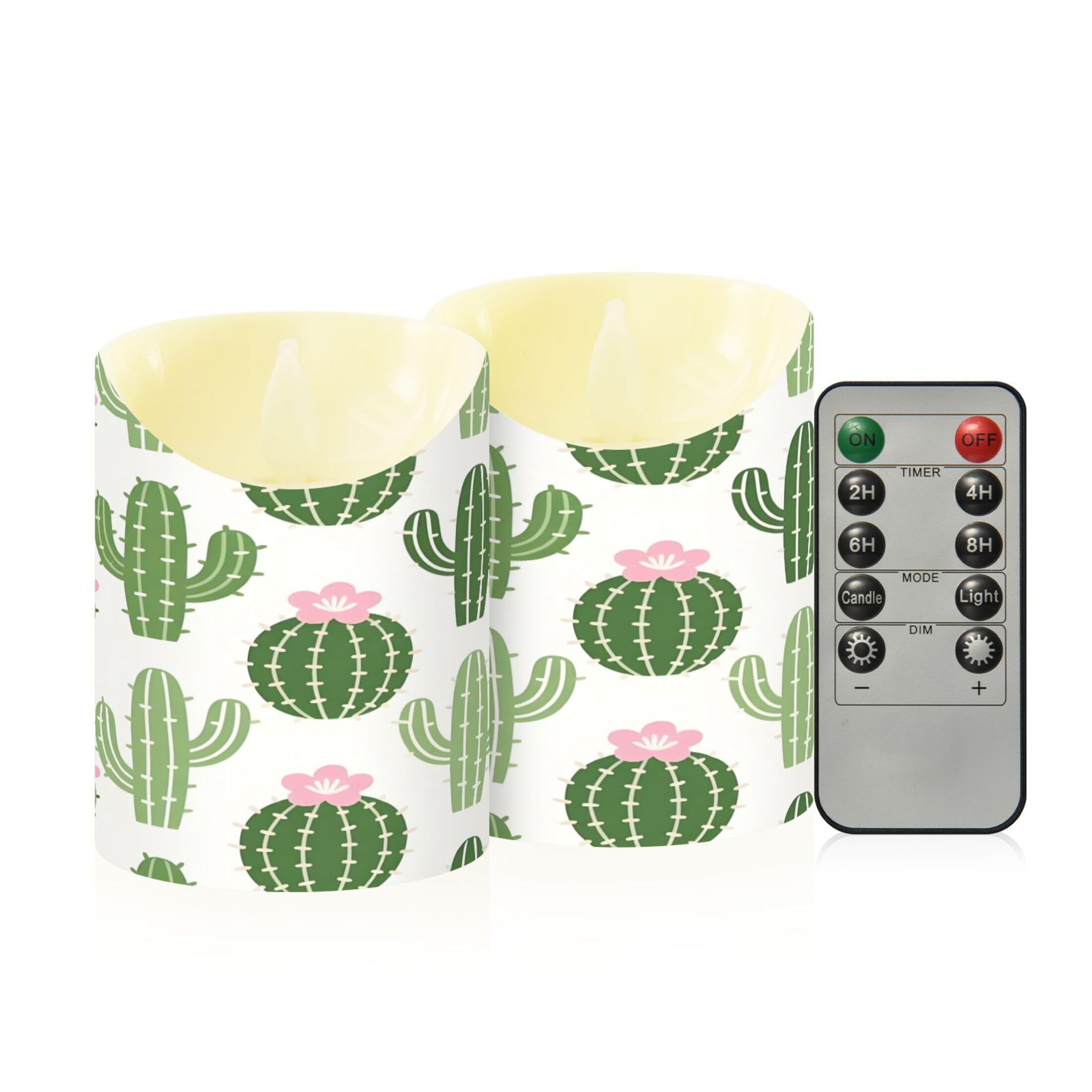 Kutsu Cactus Flameless Candles Set of 2, Battery Operated LED Flickering Candles with Remote and Timer, Plastic Pillar Candles for Home Wedding Decor