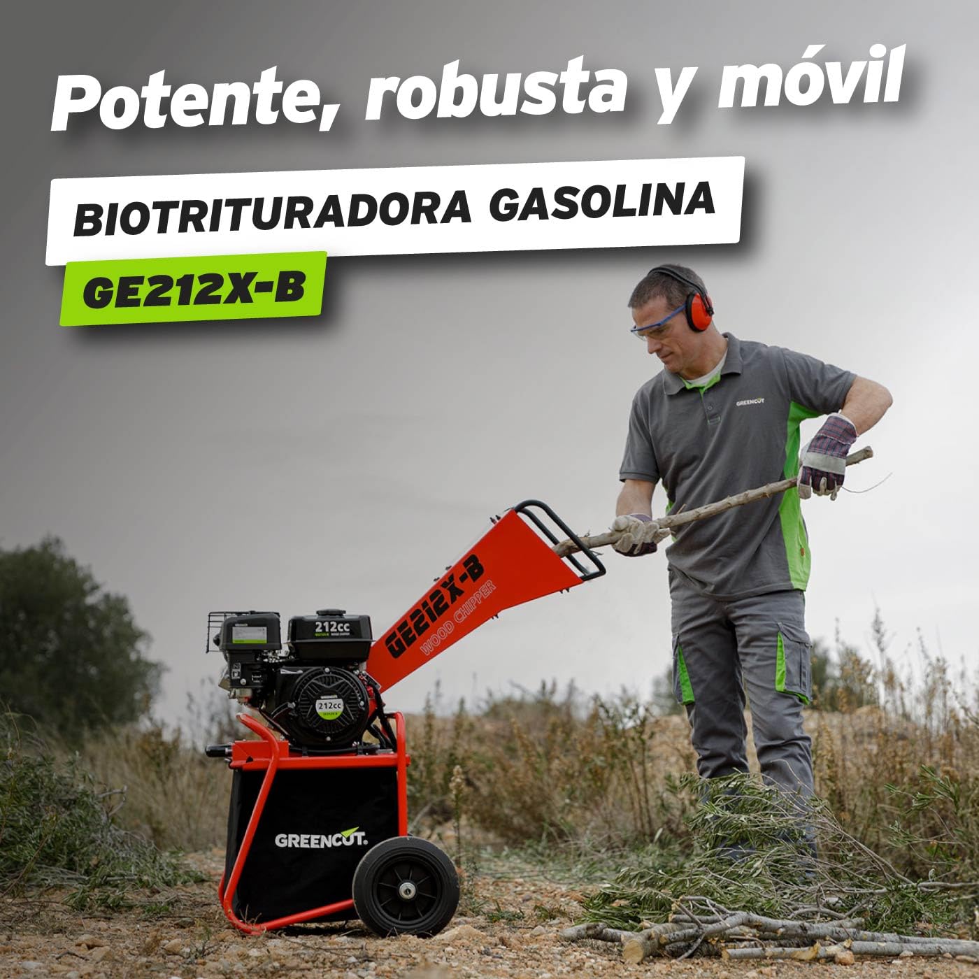 GREENCUT GE212X-B - Biotrituradora de Gasolina 212cc 7cv , Tritura Ramas Hasta 50mm, Incluye Saco de 64L, con Ruedas y Asa para Transporte Roja
