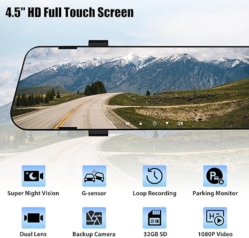 Miniatura 2 de Cámara de salpicadero de espejo para automóviles, espejo retrovisor de 4.5 pulgadas, 1080P cámaras duales de visión frontal y trasera, súper visión