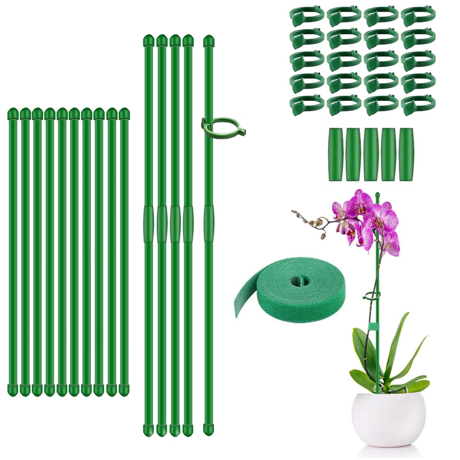 KAIYOCA Adjustable Plant Support Stakes, 30cm Garden Orchid Sticks, 36pcs Plant Support Stakes with Clips for Indoor Outdoor Potted Tomato Rose Amaryllis Vegetables Comes with 2M Velcro