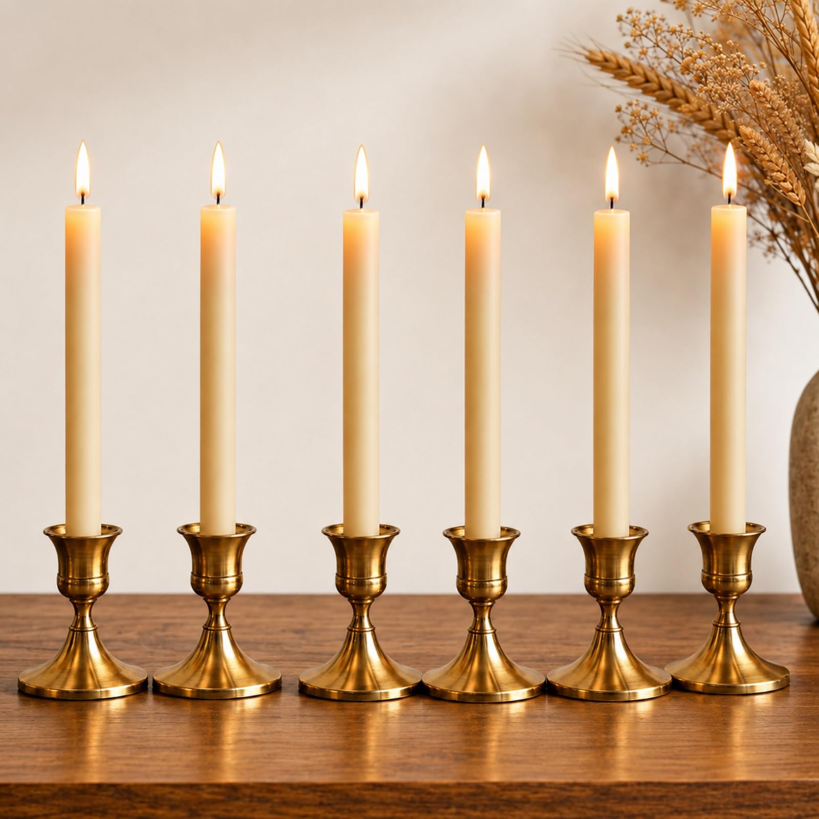 6 Gold Taper Candle Holders Set for Table Mantel
