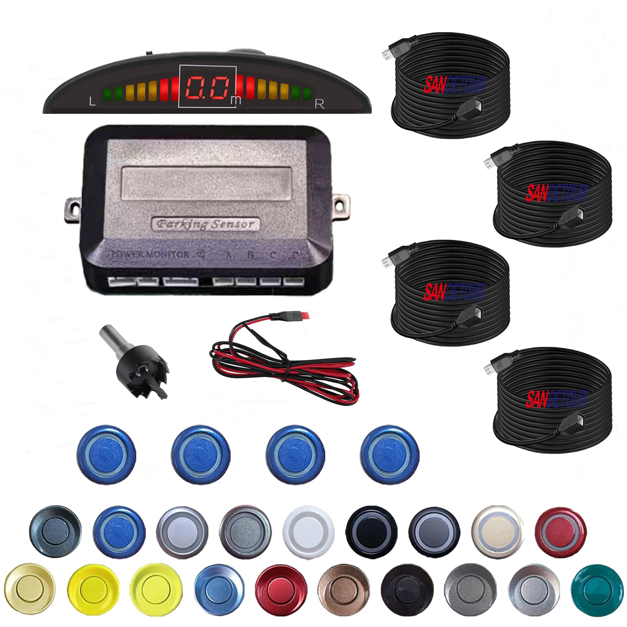 Parking Sensor Kit Backup Sensor Kit Reverse Sensor for Pickup &amp; Extended Vehicles - 4 x 2.3m Sensors + 4 x 4.5m Extension Cables, 24V Compatible (Voltage Reducer Sold Separately) Blue