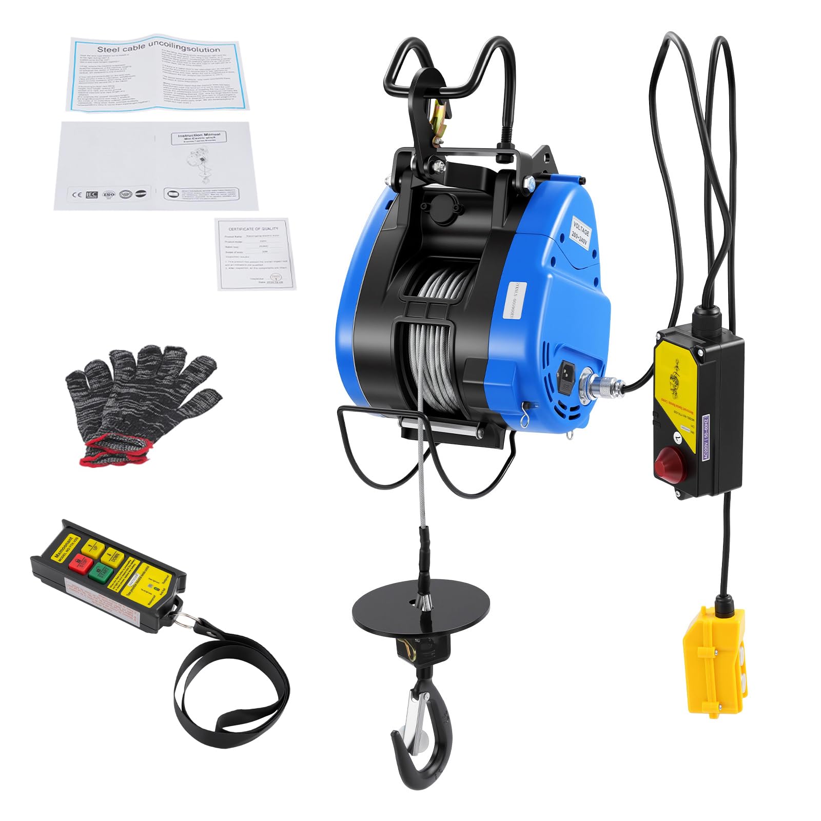 Elektryczna wciągarka linowa 230 V, 1500 W, z bezprzewodowym pilotem zdalnego sterowania, długość stalowej linki 30 m, IP40, mały, przenośny, ze sterowaniem przewodowym, do rolnictwa, fabryk, stacji