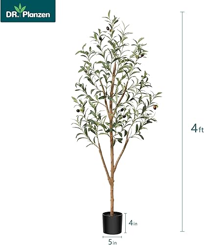 Miniatura 2 de Plantas de olivo artificiales de 4 pies con hojas realistas y tronco natural, árbol falso de seda en maceta con ramas y frutas de madera, olivo