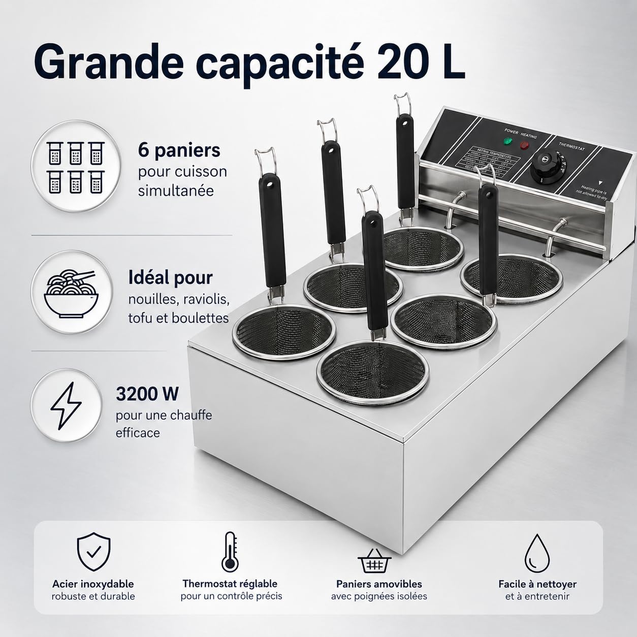 20L Commercial Cuiseur Pâtes Électrique 3200W Avec 6 Paniers,Température Réglable 140℉-392℉ Pour Cuire Nouilles,Saucisses, Boulettes Poisson, Radis, Tofu,Légumes, etc.