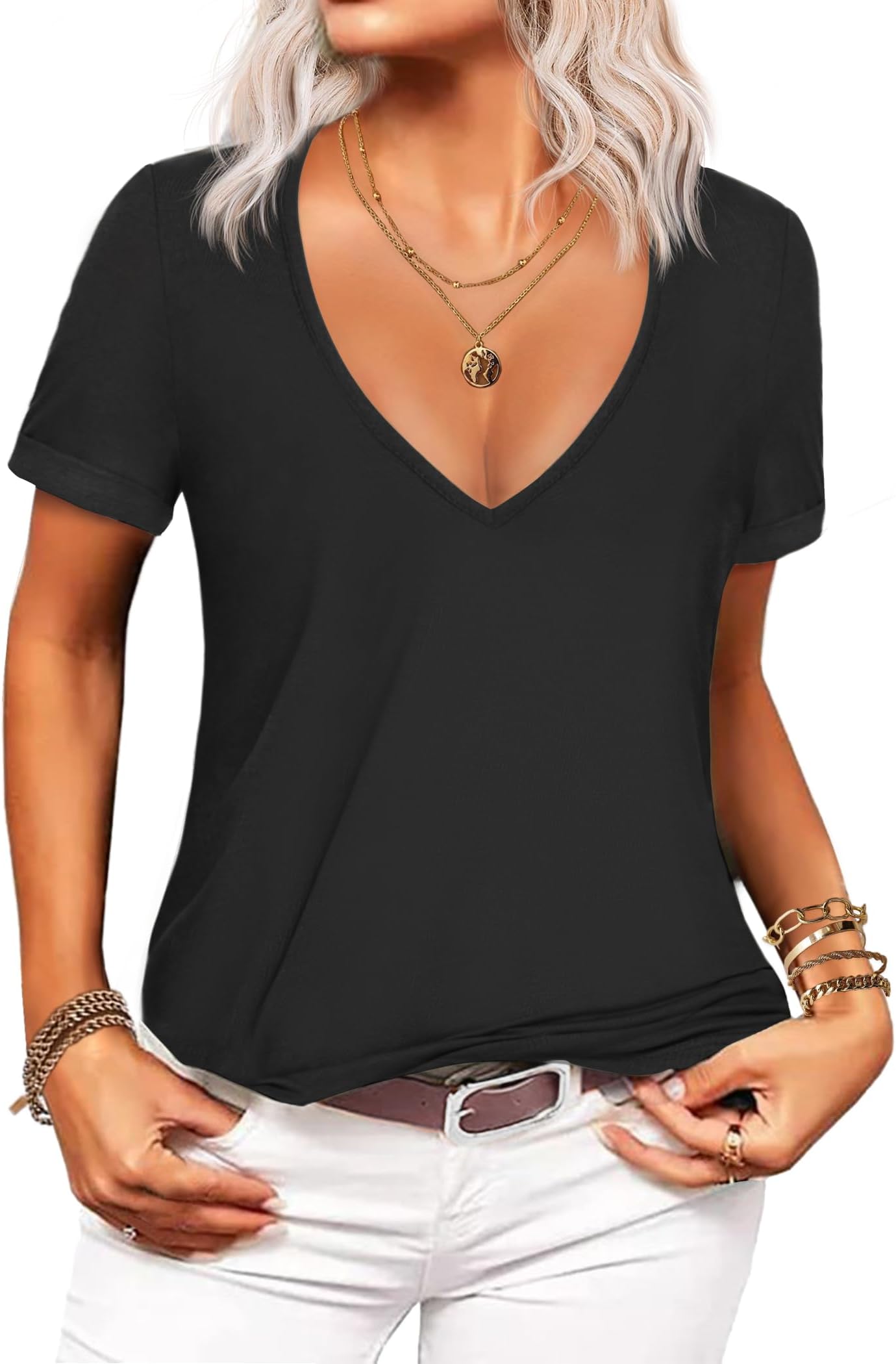 Sexy Tops for Women Deep V Neck T-Shirt Summer Short Sleeve Going Out Top Vacation Outfits