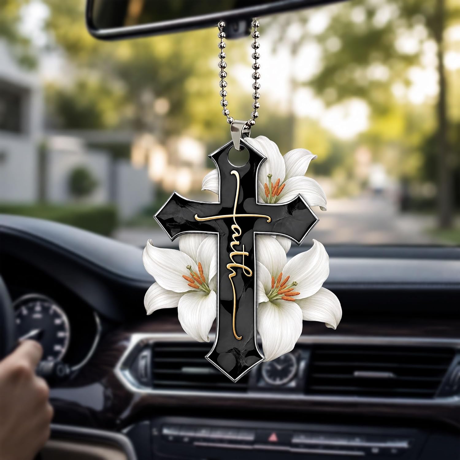 Talataca Pink Cross Rose Rosy God Faith Christian Jesus 2D Flat Car Rear View Mirror Accessories Christmas Tree Ornament Decoration Hanging Charm Interior Rearview Pendant Decor Gift