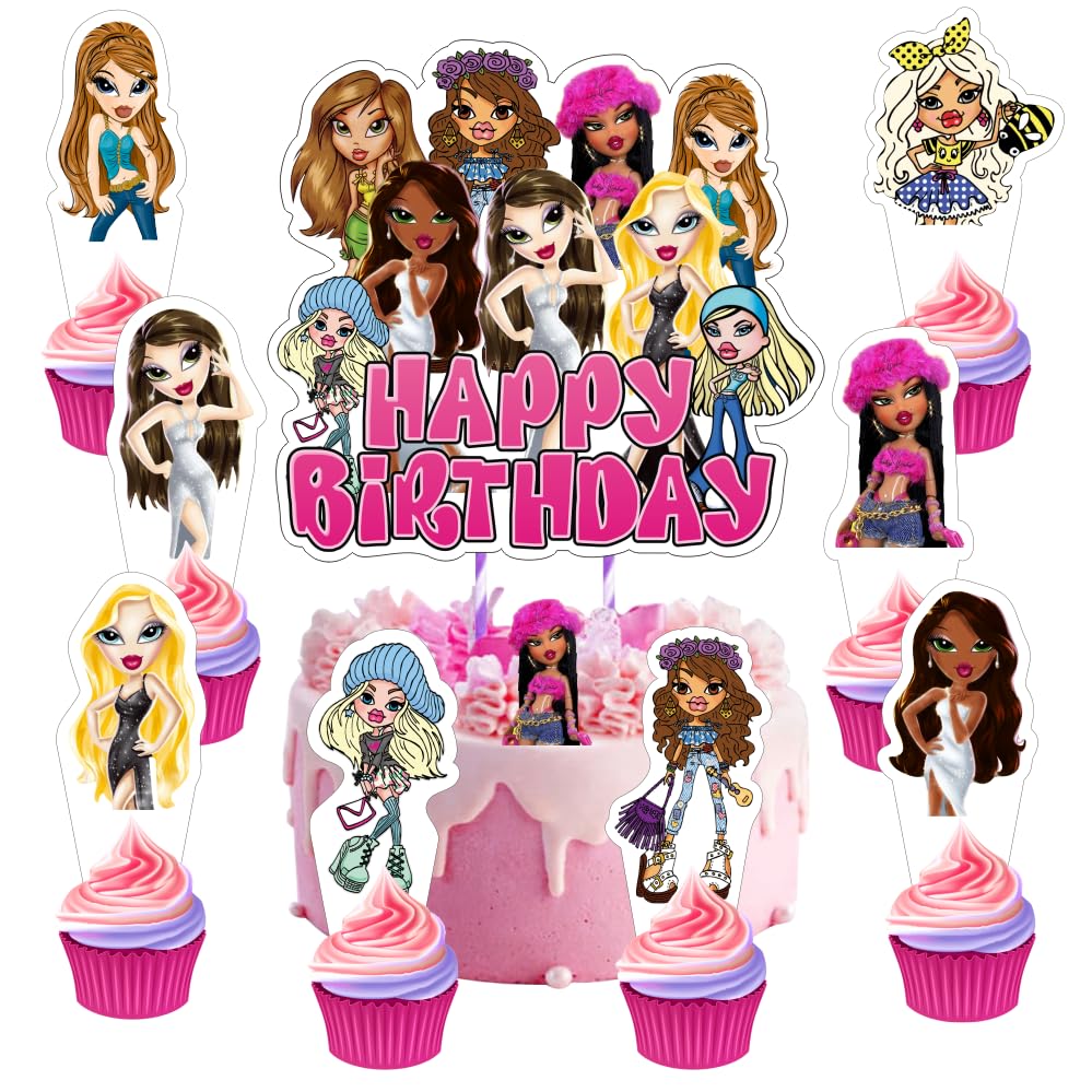 25pcs Bratzz Cake Decorations with 1pcs Cake Topper 24pcs Cupcake Toppers for The Bratzz Birthday Party Supplies