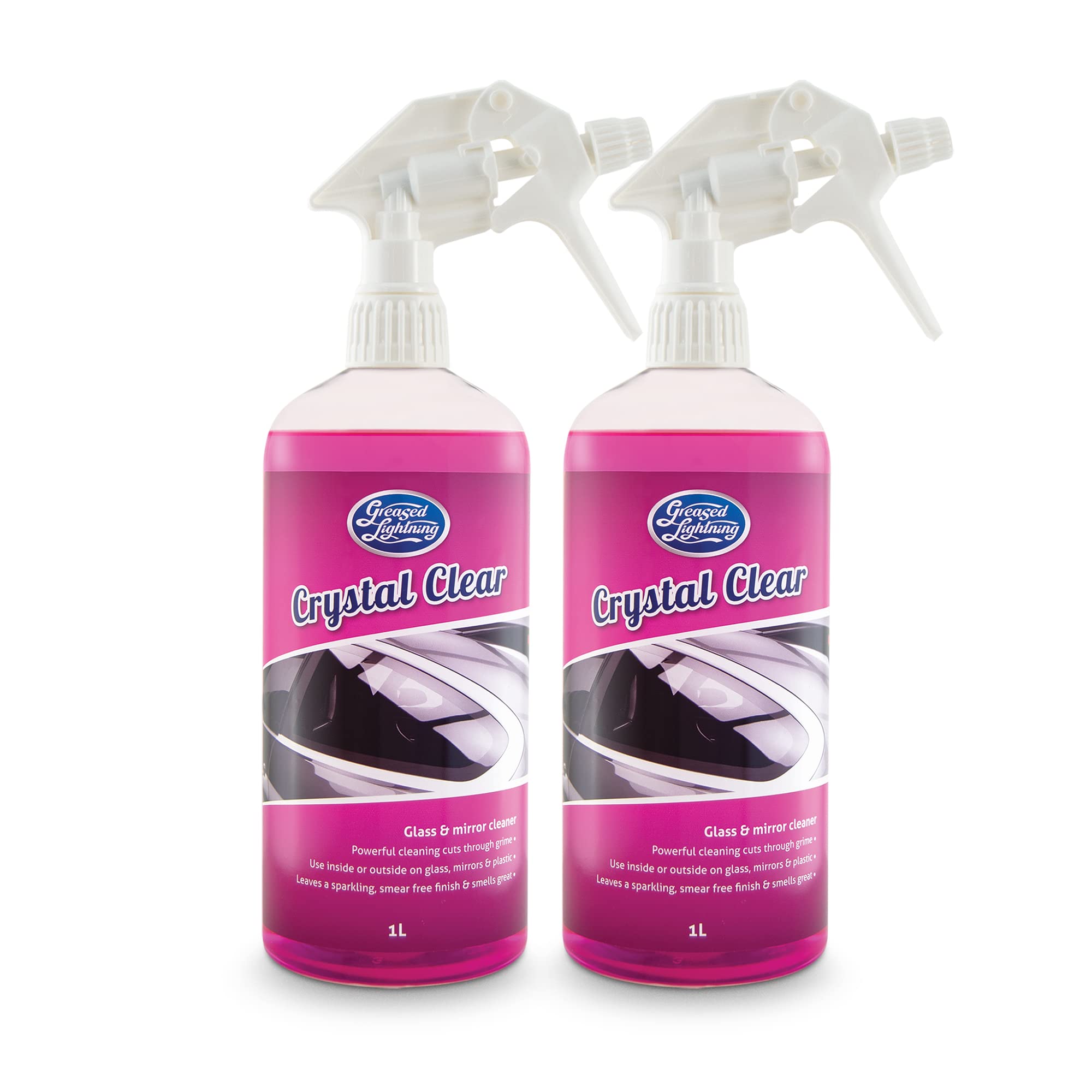 Greased Lightning Crystal Clear Glass and Mirror Cleaner Twin Pack - Fast, Powerful, and Smear-free Cleaning for Car Windscreen, Windows, and Mirrors - 2 x 1 Litre