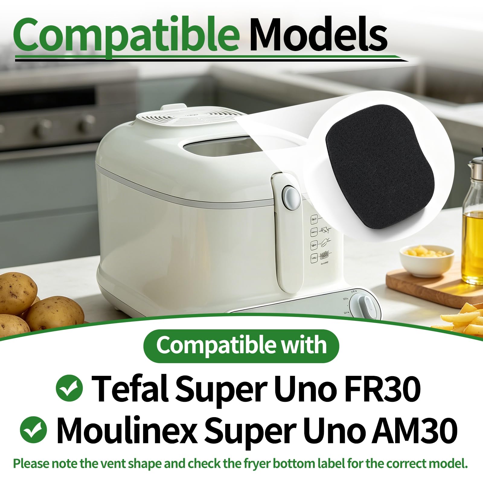Occhiello filtro per friggitrice a carbone attivo - Set di forbici per rifilatura, ricambio per Tefal Super Uno FR30 e modello Moulinex AM30 XA005000, riduzione degli odori da cucina