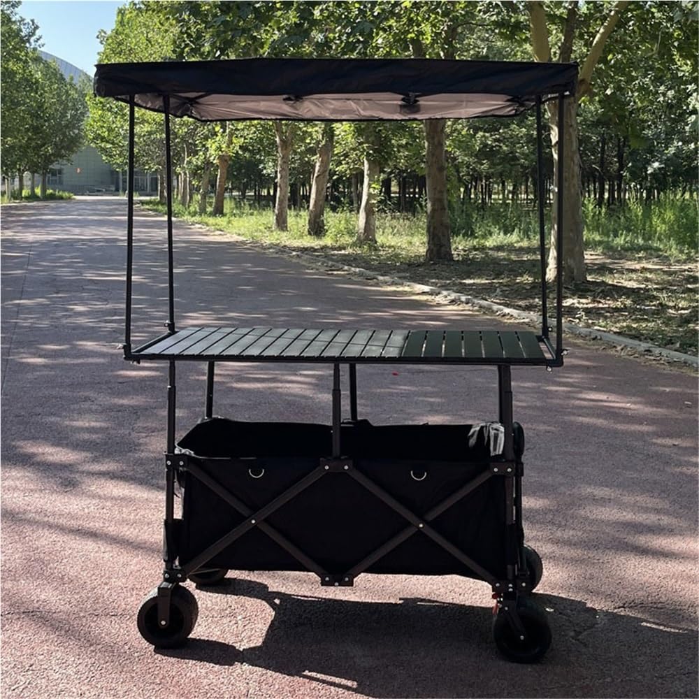Carrello pieghevole da 130 cm con tettuccio e piano regolabile da tavolo, resistente, per spiaggia, spesa, campeggio, attività all'aperto, grande capacità, nero