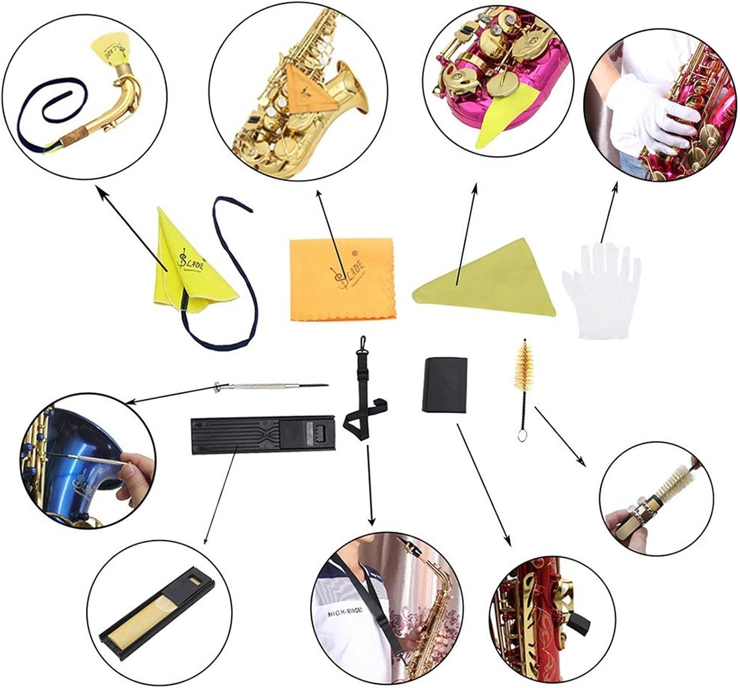 Alto Tenor Soprano Saxophone Cleaning Cloth Kit, Sax Microfiber Cleaning Cotton Cloth with Reed Case & Mouthpiece Brush & Gloves & Neck Strap, Wind Woodwind Clarinet Flute Trumpet Clean Care Swab
