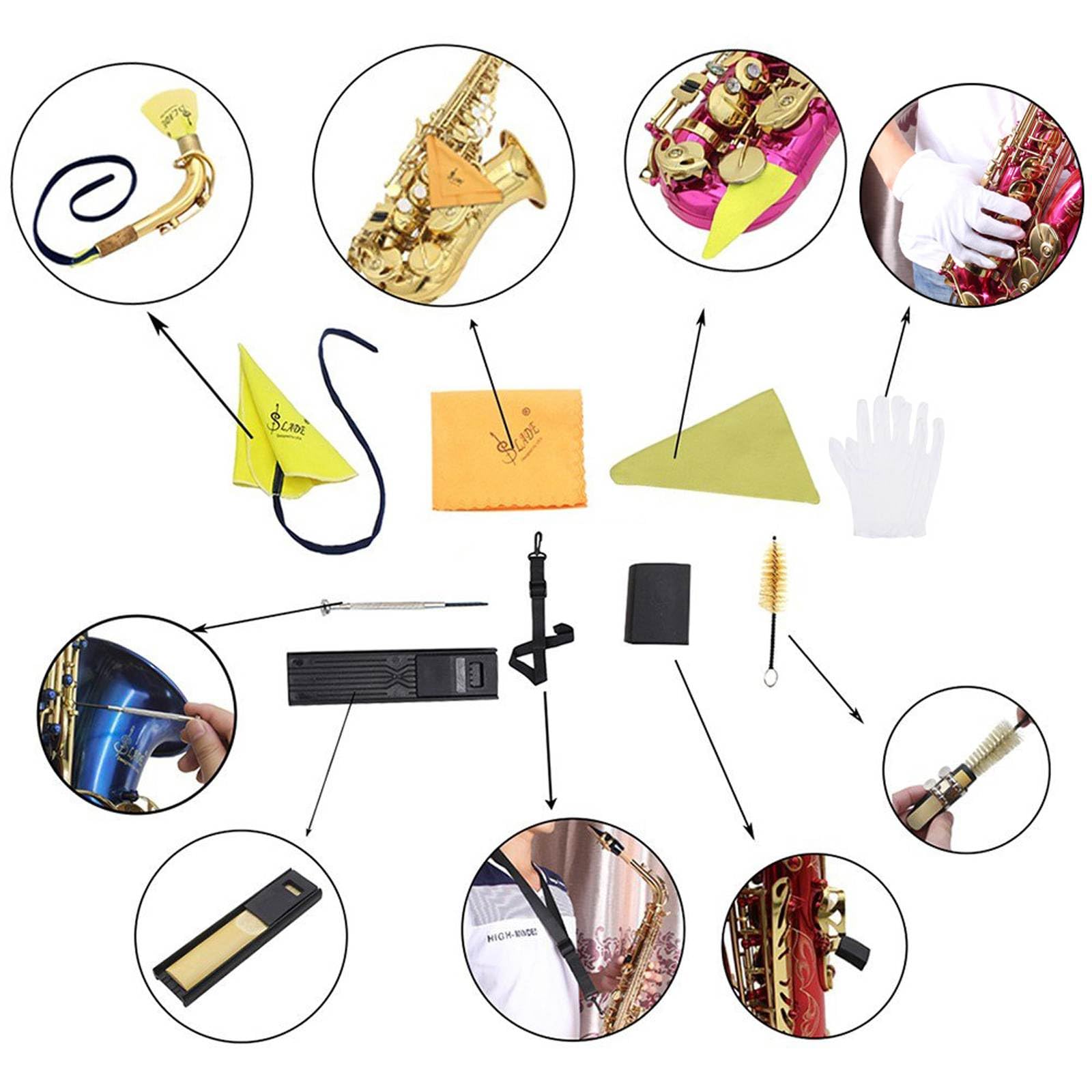 Kit de paño de limpieza para saxofón soprano alto tenor, paño de algodón de limpieza de microfibra con funda de lengüeta, cepillo para boquilla, guantes y correa para el cuello, hisopo de limpieza de