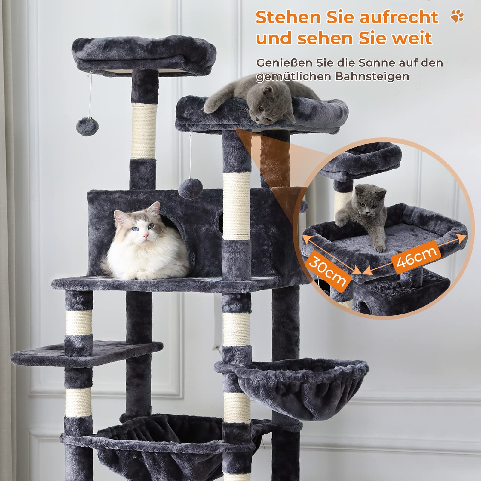 MSmask Rascador grande de 193 cm de alto, XXL, para gatos grandes, estable, con 2 cuevas, 2 plataformas, hamaca, árbol para gatos con varios niveles, rascador para gatos