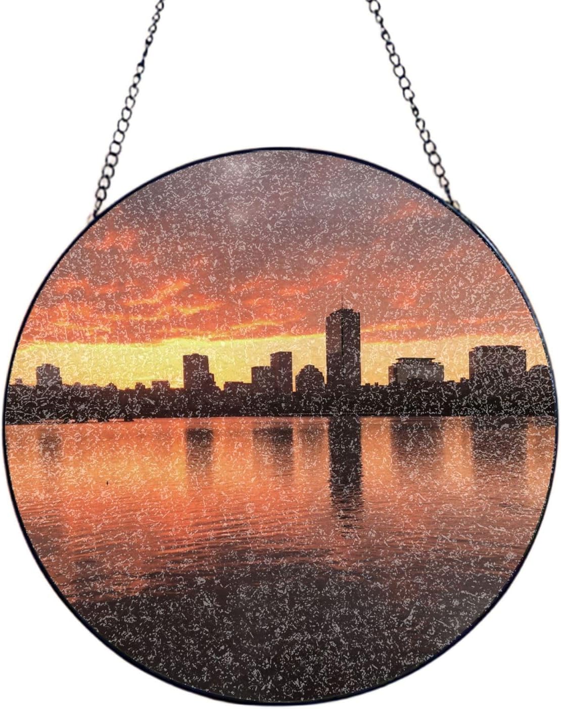 12in Stained Glass Window Hanging,Window Suncatcher Glass Panel with Metal Chain Boston Charles River City Skyline Sunset Sun Catchers Wall Art Home Decor Gift for Women Mother's Day