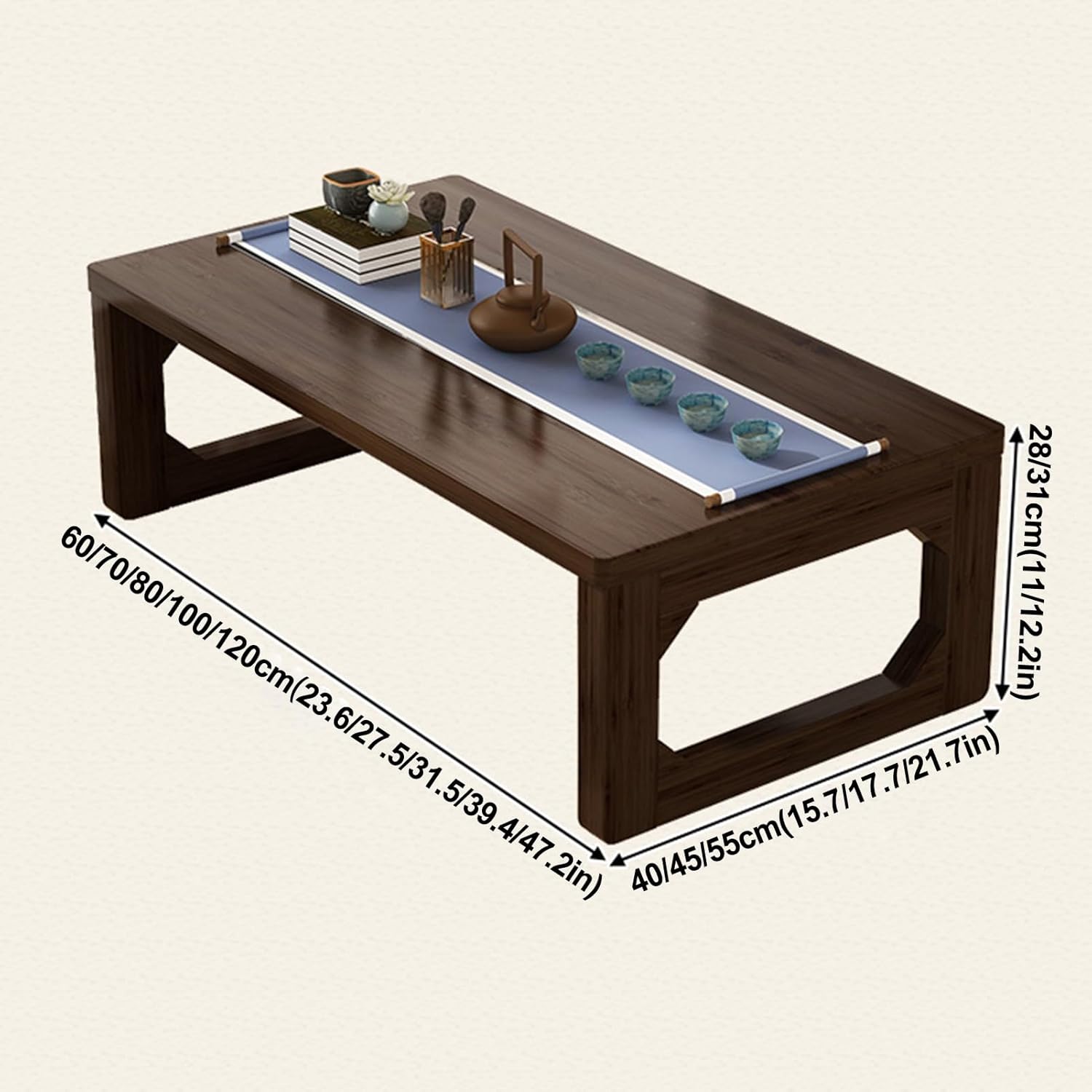 Coffee Table, Japanese Tea Table, Floor Altar Table, Laptop Tatami Table, Portable Low Picnic Table,Brown-60x40x28cm
