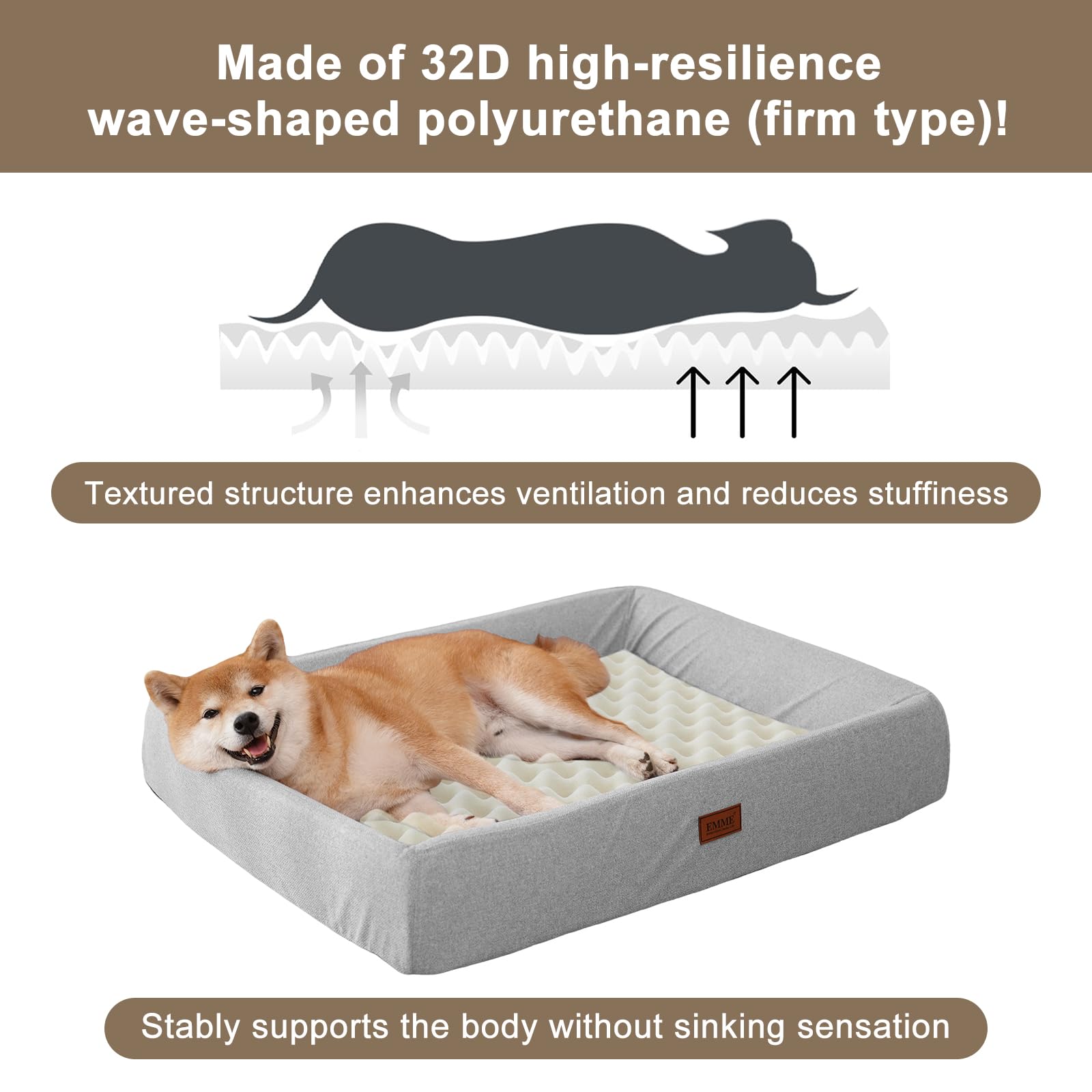 EMME Hundebett – rundum wasserdichtes Polyurethan-Hundesofa, waschbar, hoch elastisch, Abnehmbarer und waschbarer Bezug, rutschfest, für alle Jahreszeiten geeignet, 89x67x14,5 cm, grau