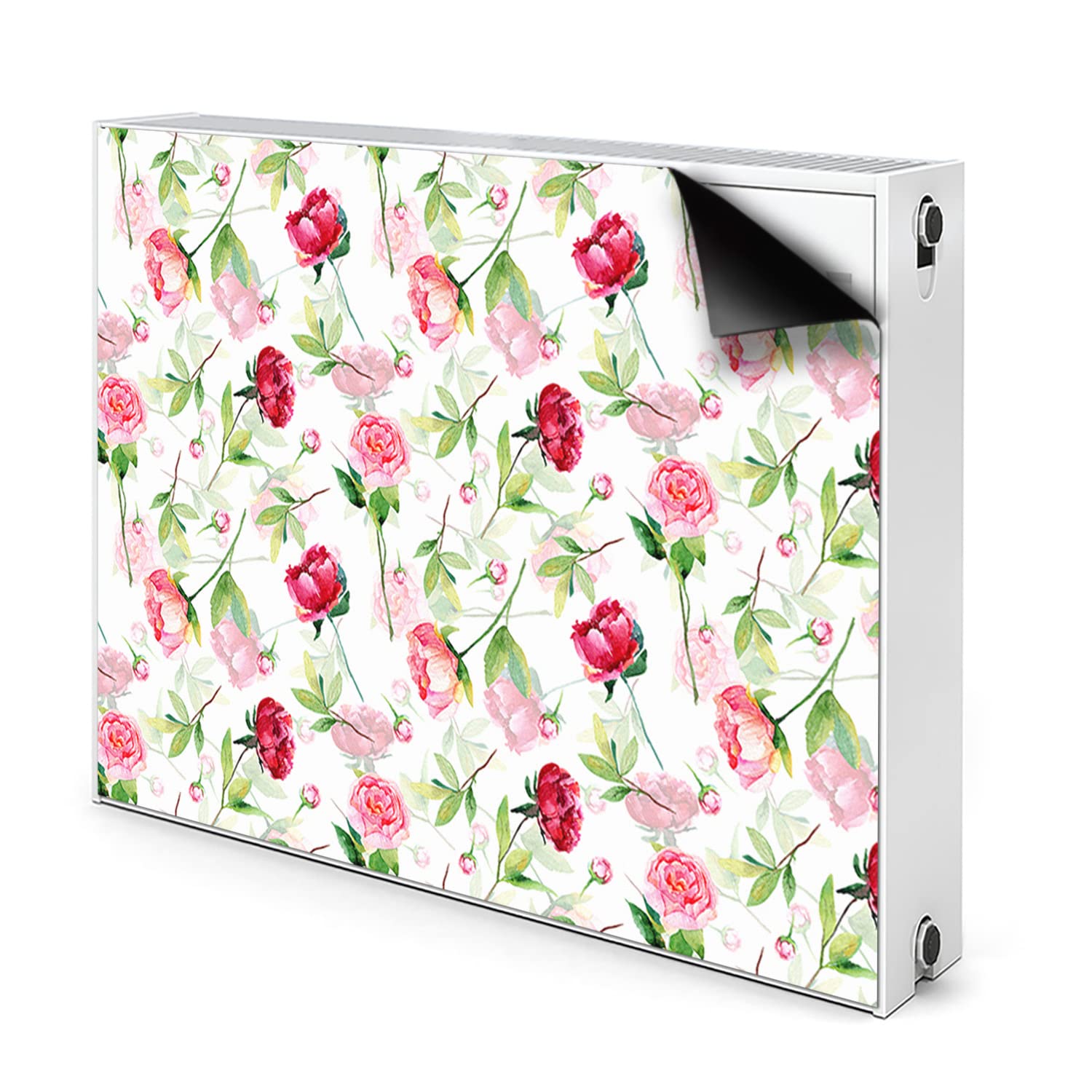Cache radiateur magnétique 80x60cm vert avec motif de fleurs rouges par Decormat