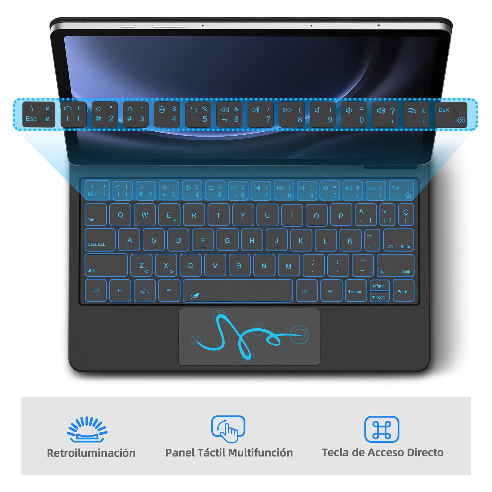 Bettdow Teclado para Samsung Galaxy Tab S10 Lite/Tab S10 FE/Tab S9 FE 10.9" y Tab S9 11", Español Ñ Diseño Magnético Flotante con Trackpad, Teclado Retroiluminado, Negro