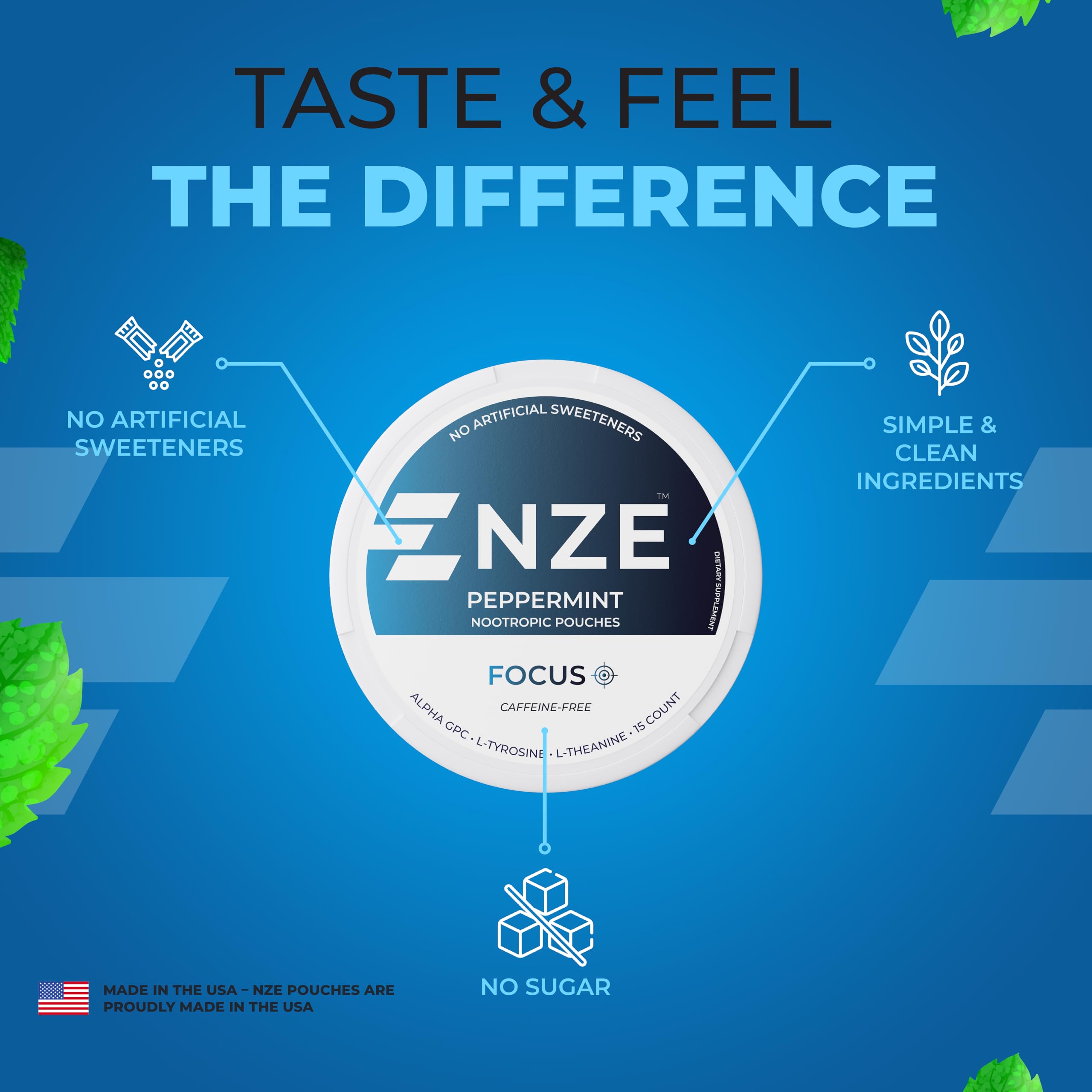 NZE Caffeine Free Nootropic Pouches (Peppermint) - Nootropic Pouches with Alpha GPC, L-Tyrosine & L-Theanine - No Sugar or Artificial Sweeteners - 15 Nicotine Free Pouches Per Can - 5 Pack — Amazon image 7