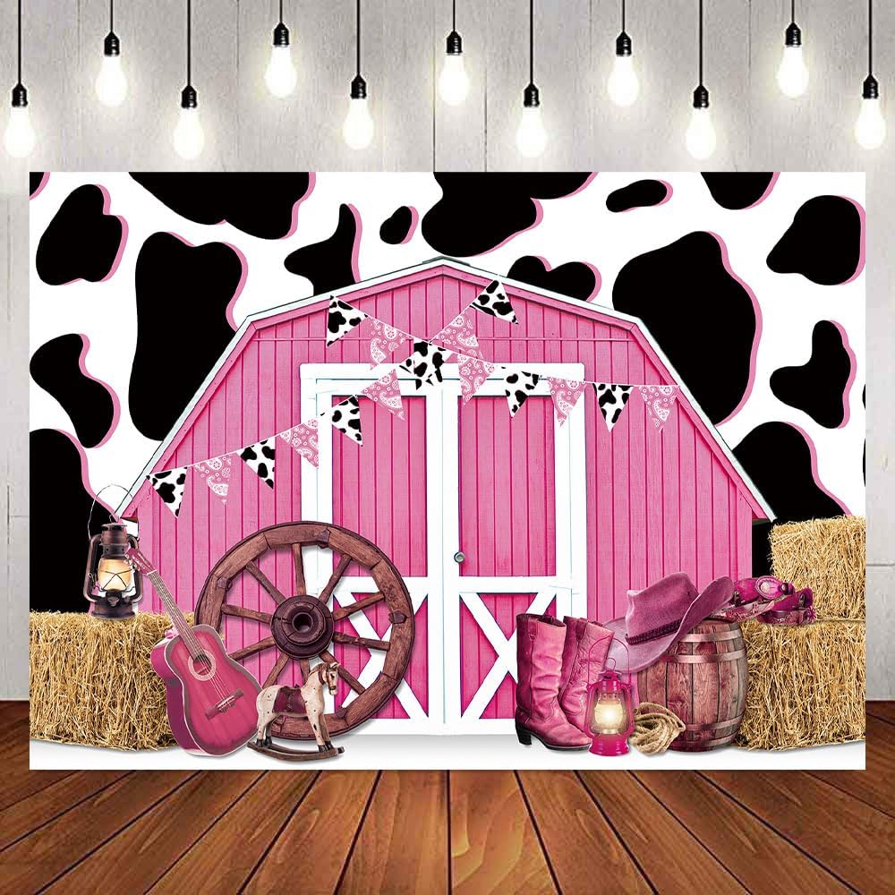 Cowgirl Birthday Backdrop 5x3ft Pink Barn Rodeo Party Cow Backdrop for Birthday Party Barnyard Western Cowgirl Barn Background Girls Shower Photo