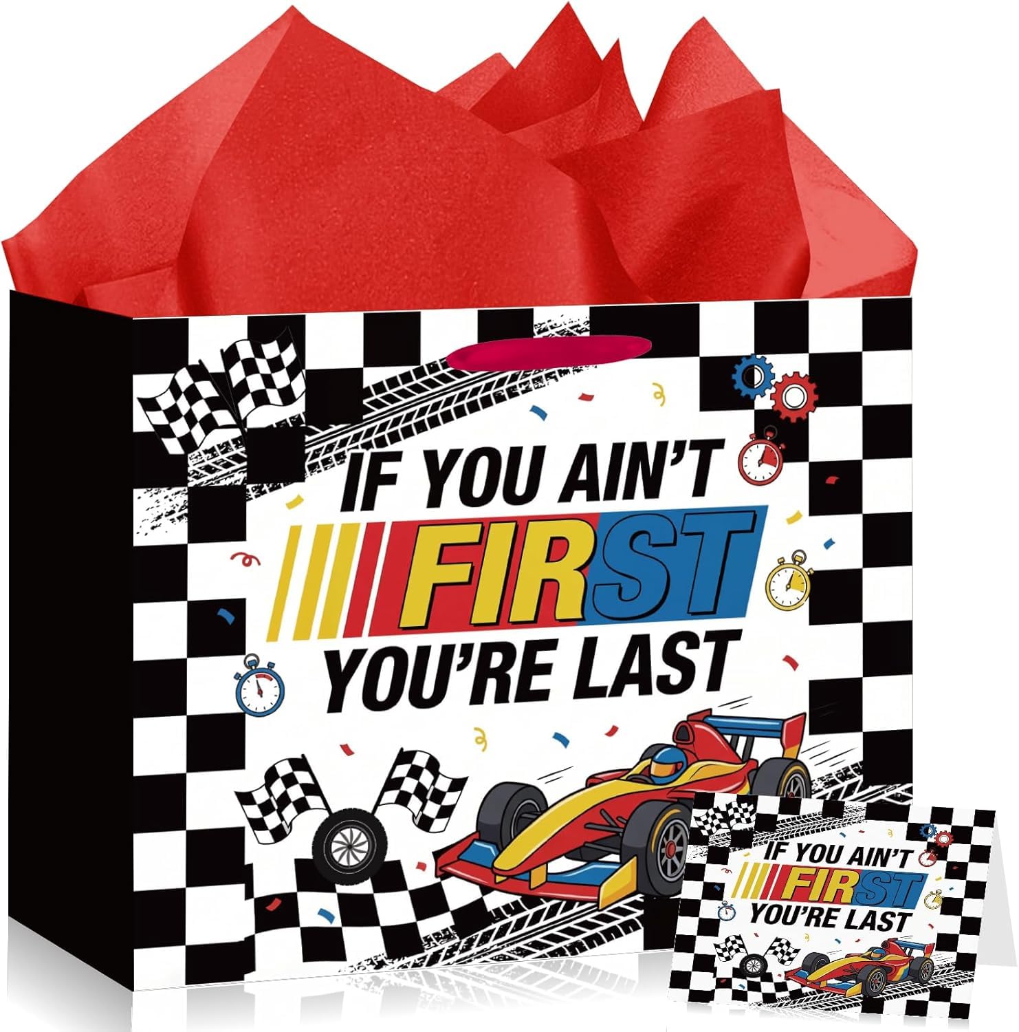 Large Racing Car Birthday Gift Bag, "If You Ain't First You're Last" Checkered Flag Gift Bag with Greeting Card & Red Ribbon Handle, for Boys Men Race Car Theme Birthday Party Supplies